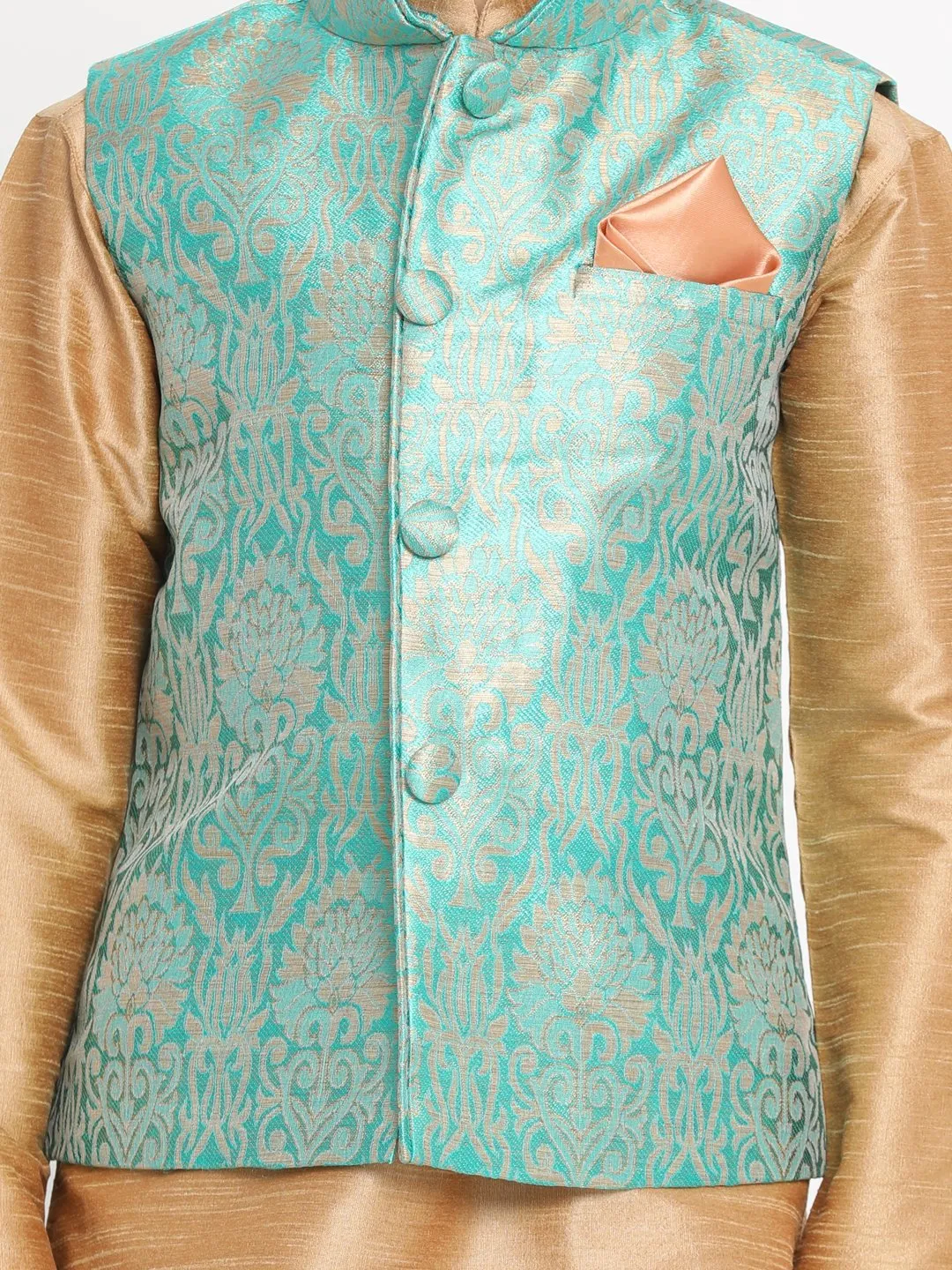 Jashvi Boys Green Silk Blend Kurta, Ethnic Jacket and Pyjama Set