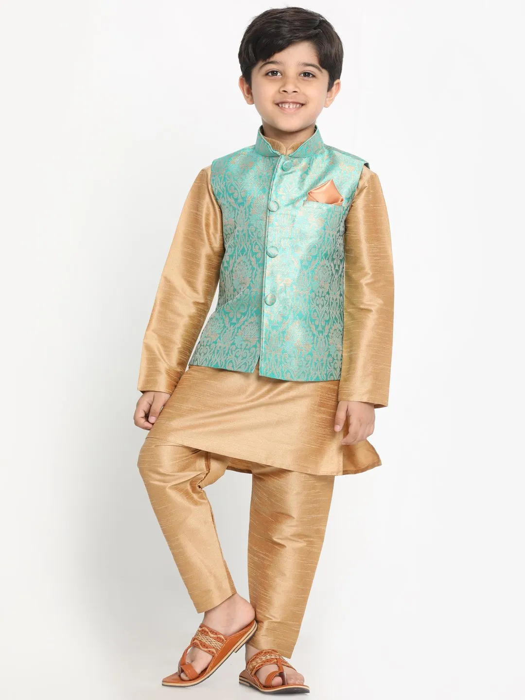 Jashvi Boys Green Silk Blend Kurta, Ethnic Jacket and Pyjama Set