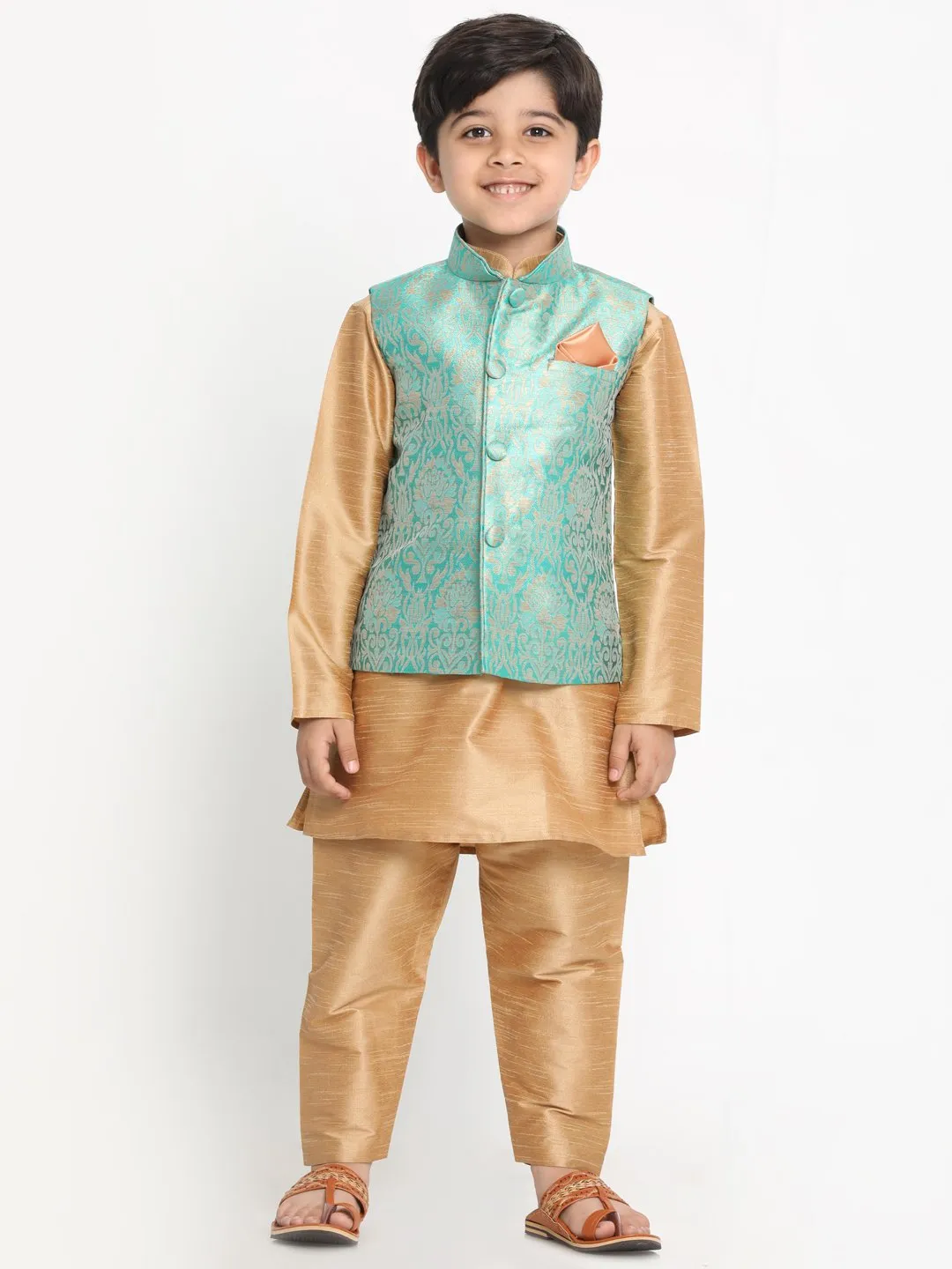 Jashvi Boys Green Silk Blend Kurta, Ethnic Jacket and Pyjama Set