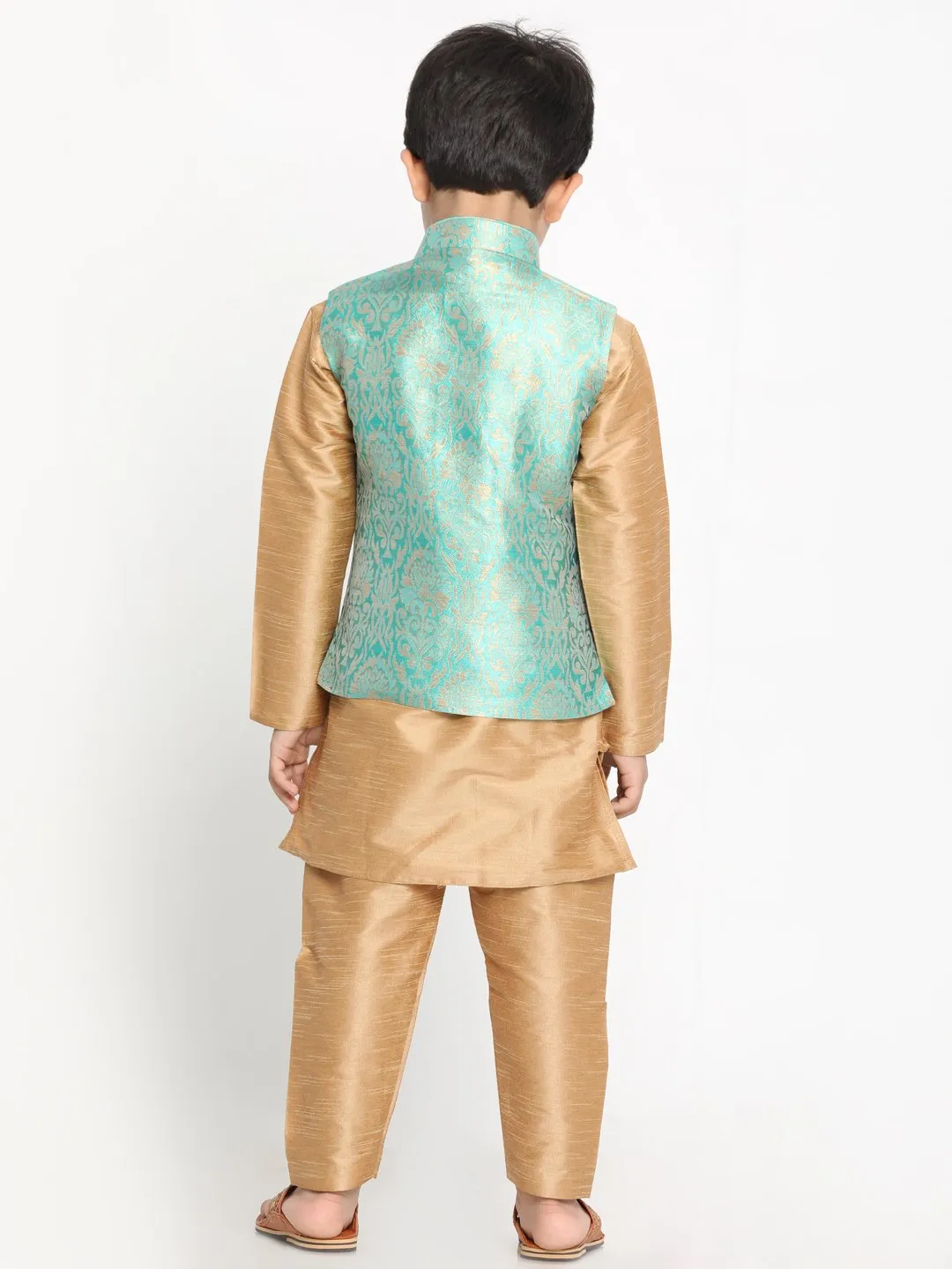 Jashvi Boys Green Silk Blend Kurta, Ethnic Jacket and Pyjama Set