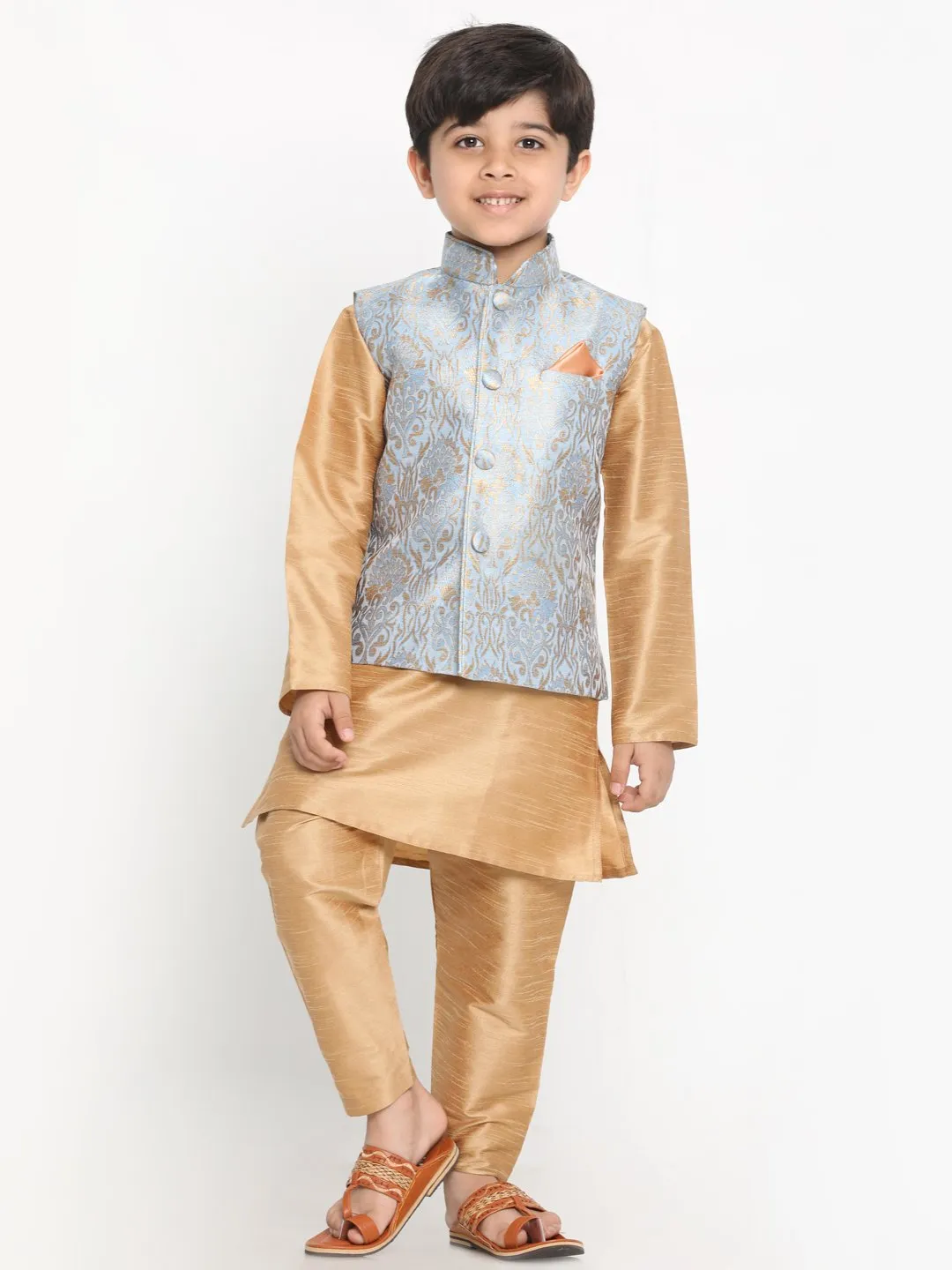 Jashvi Boys Grey Silk Blend Kurta, Ethnic Jacket and Pyjama Set