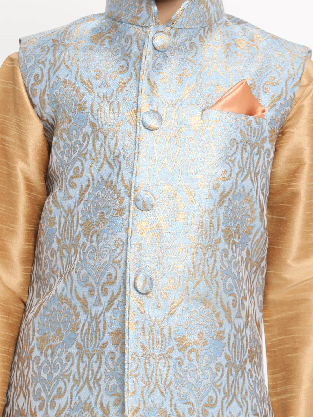 Jashvi Boys Grey Silk Blend Kurta, Ethnic Jacket and Pyjama Set