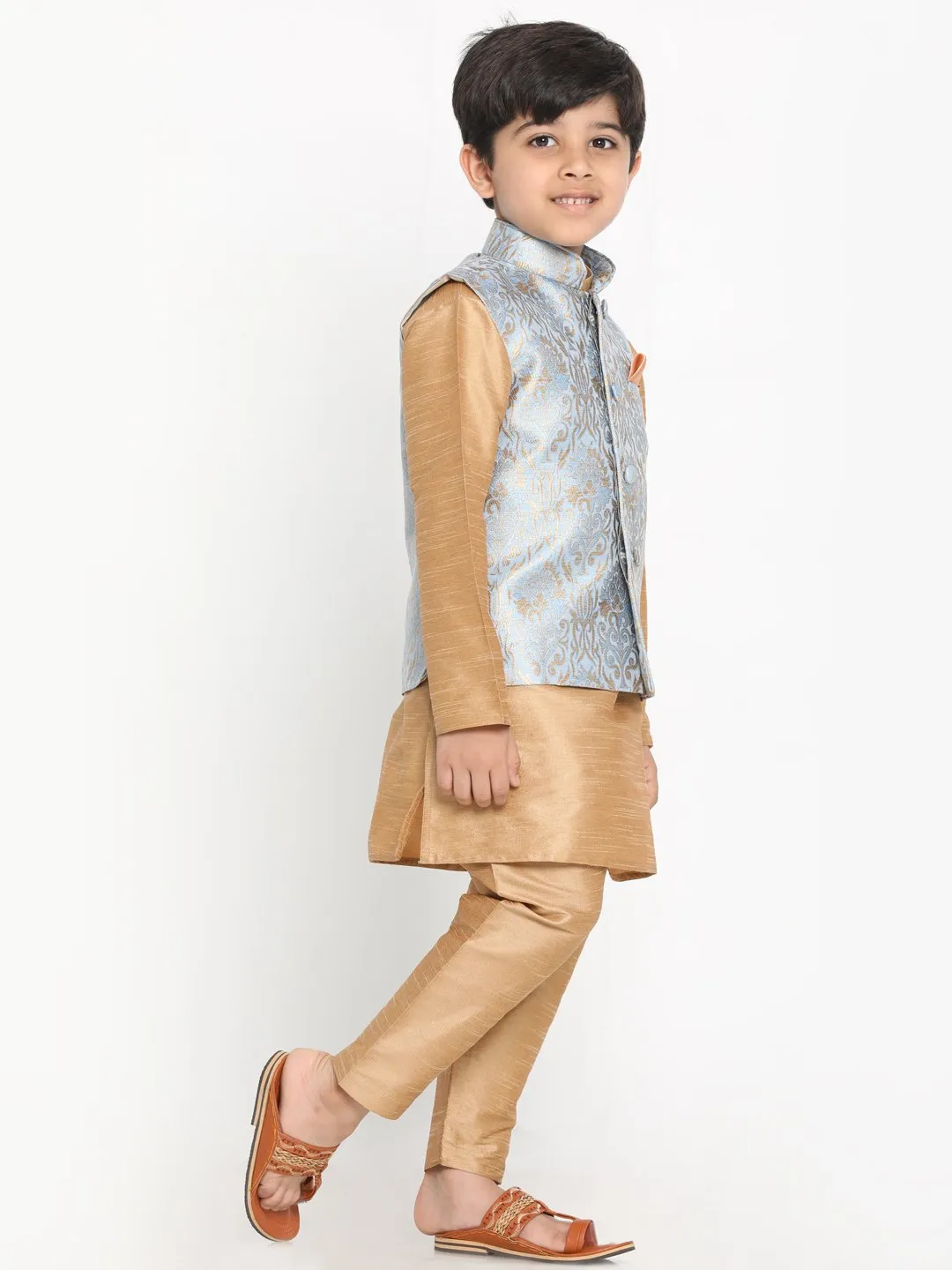 Jashvi Boys Grey Silk Blend Kurta, Ethnic Jacket and Pyjama Set