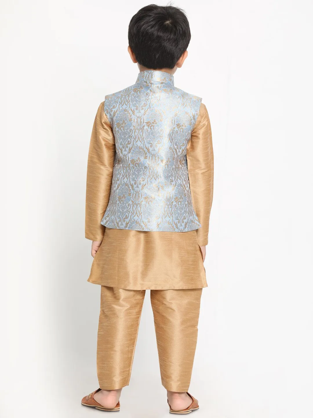 Jashvi Boys Grey Silk Blend Kurta, Ethnic Jacket and Pyjama Set