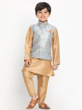 Jashvi Boys Grey Silk Blend Kurta, Ethnic Jacket and Pyjama Set