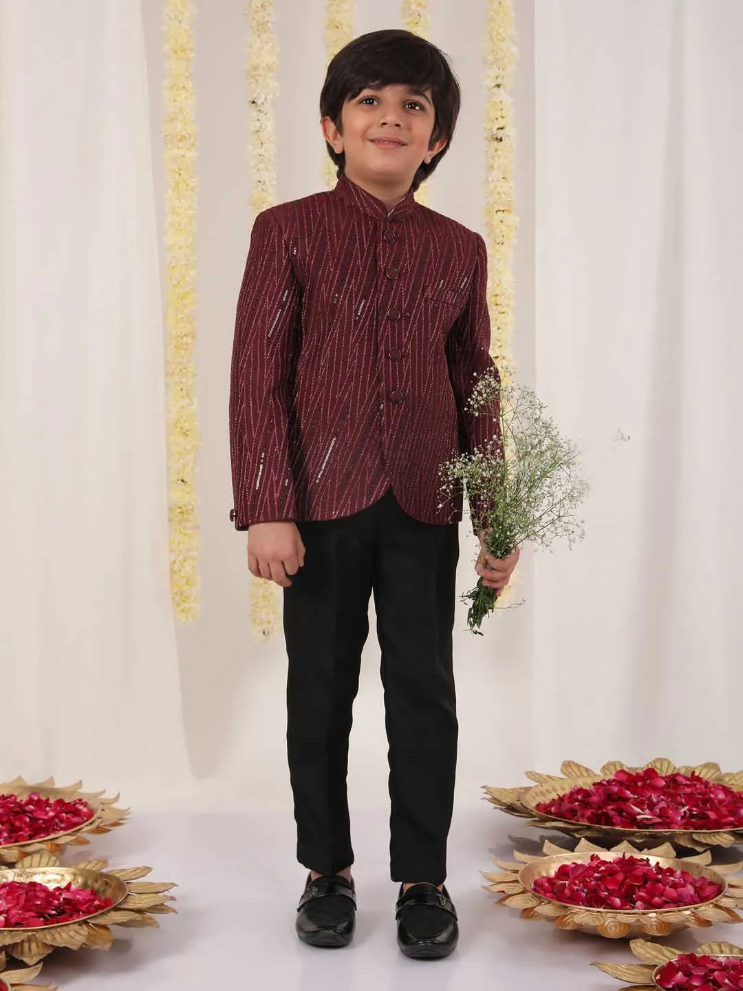 Jashvi Boy's Maroon Sequined Jodhpuri