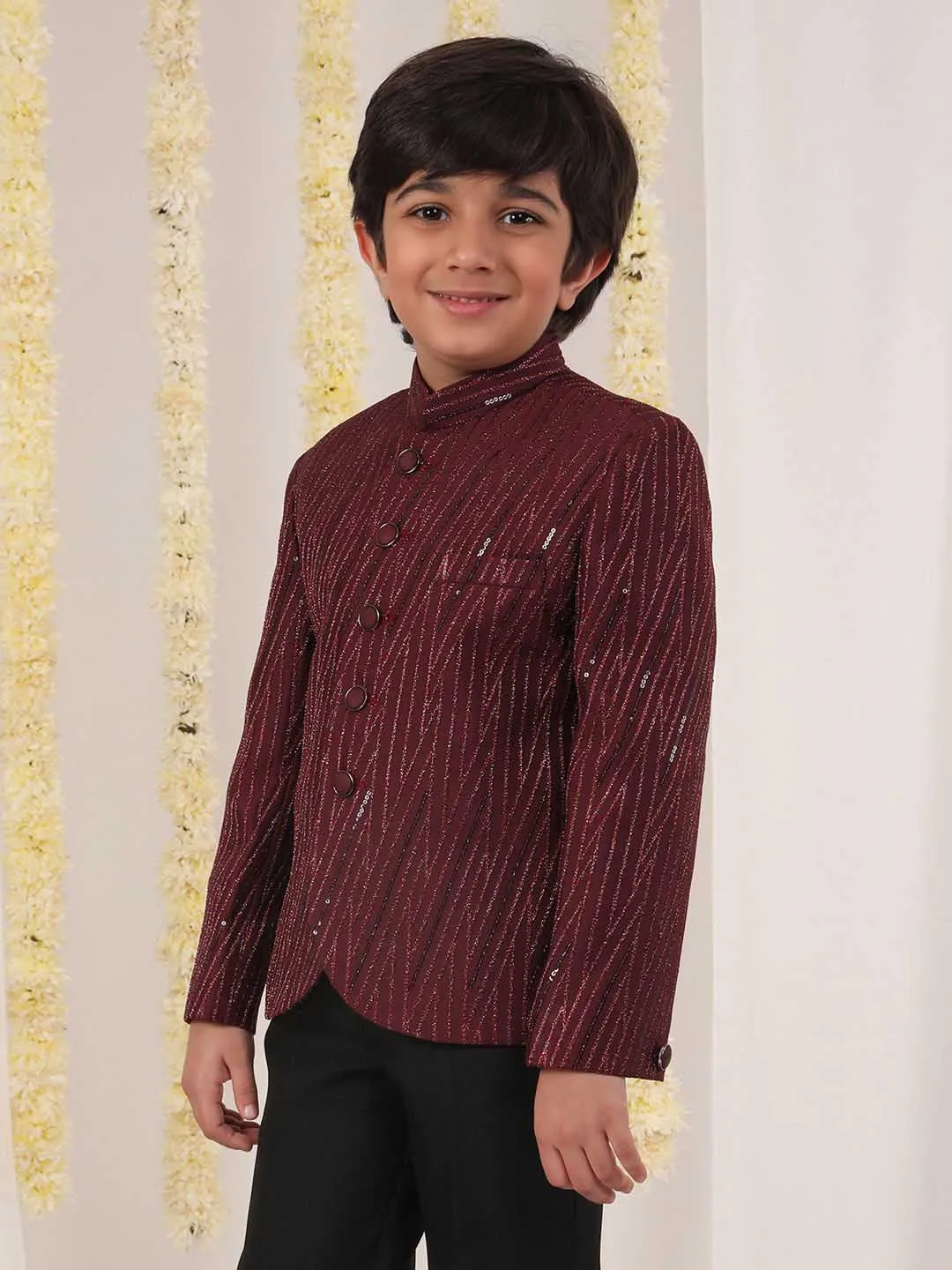 Jashvi Boy's Maroon Sequined Jodhpuri