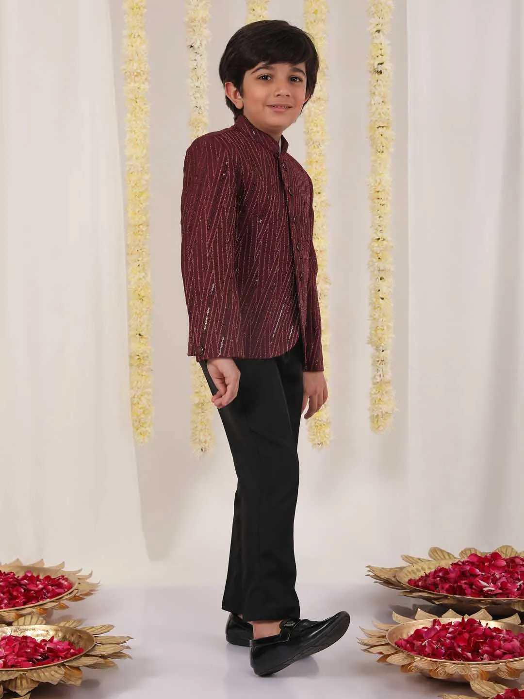 Jashvi Boy's Maroon Sequined Jodhpuri