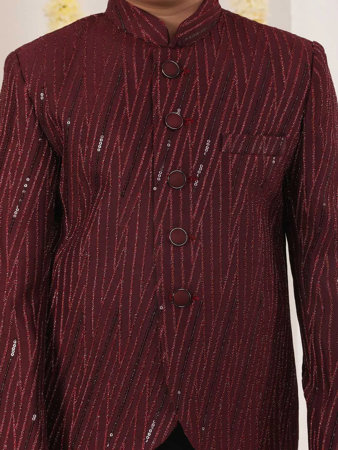 Jashvi Boy's Maroon Sequined Jodhpuri