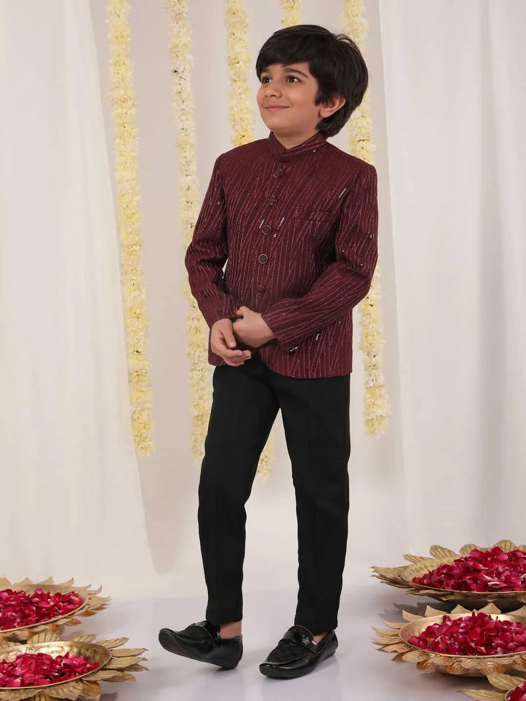 Jashvi Boy's Maroon Sequined Jodhpuri