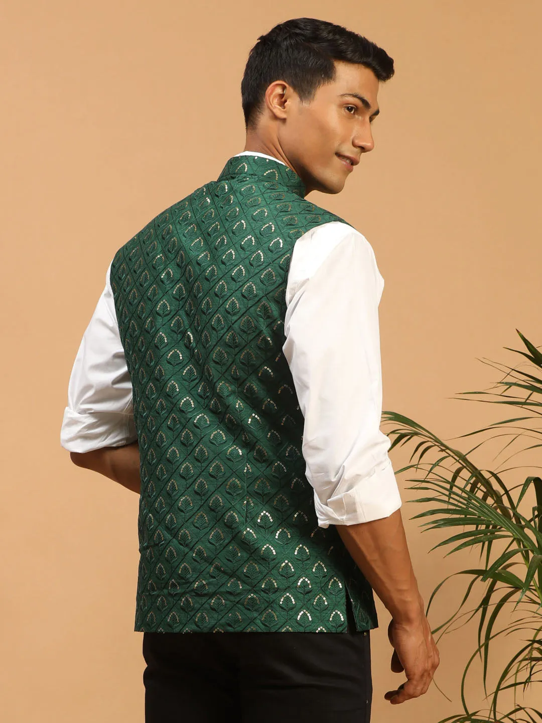 Jashvi Men's Green Embellishd Ethnic Nehru Jacket