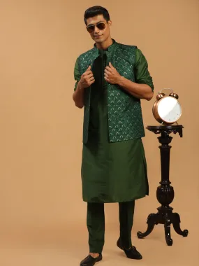 Jashvi Men's Green Embellished Jacket And Green Kurta And Pant Set