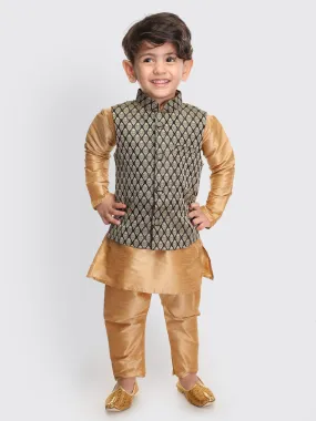 Jashvi SISHU Boys Rose Gold Silk Blend Jacket, Kurta and Pyjama Set