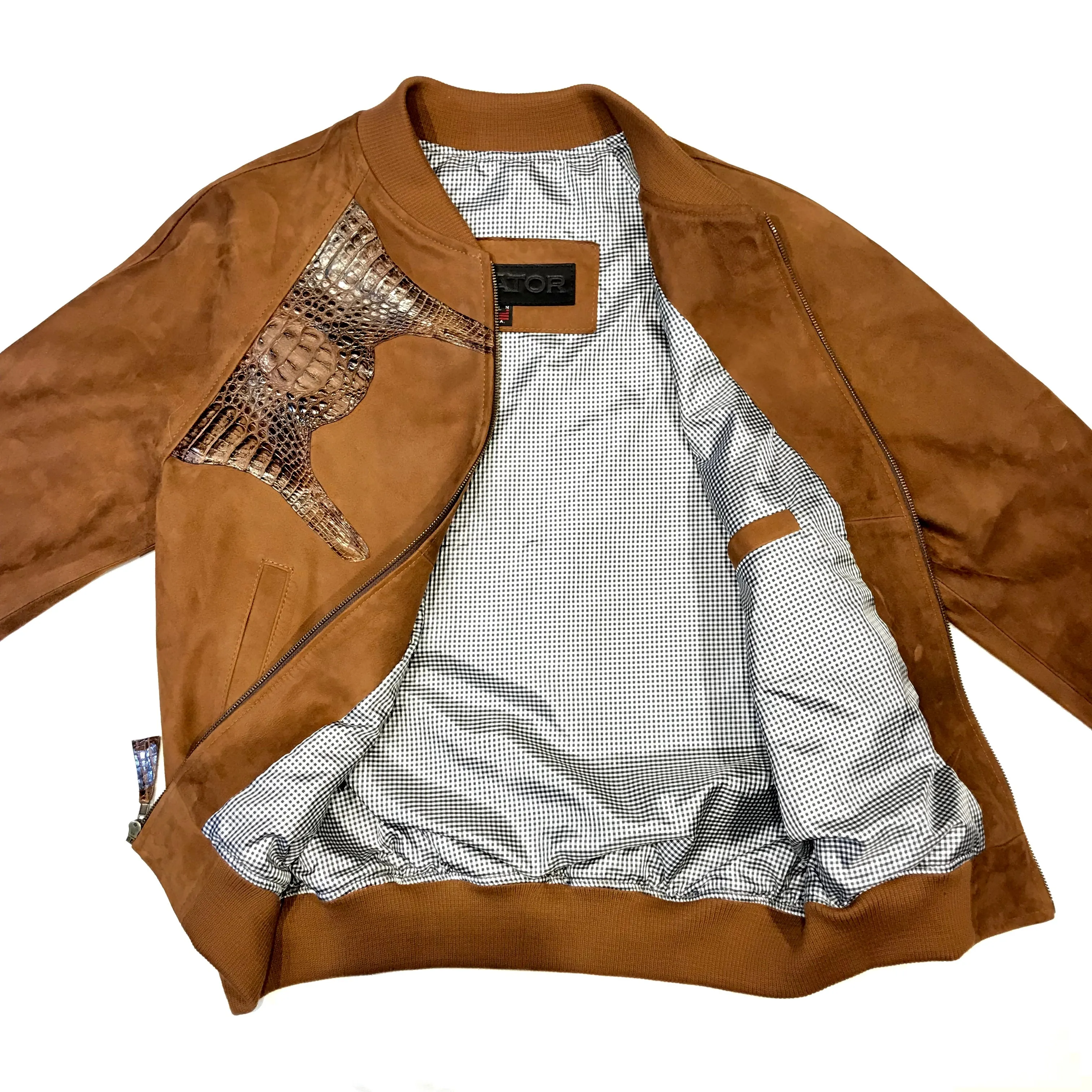 Kashani Chocolate Suede Alligator Body Wrap Bomber Jacket