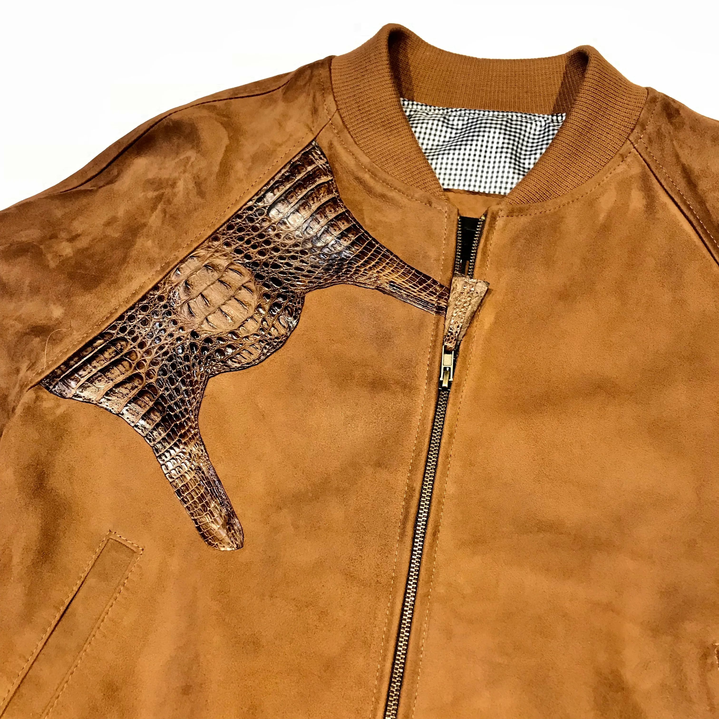 Kashani Chocolate Suede Alligator Body Wrap Bomber Jacket