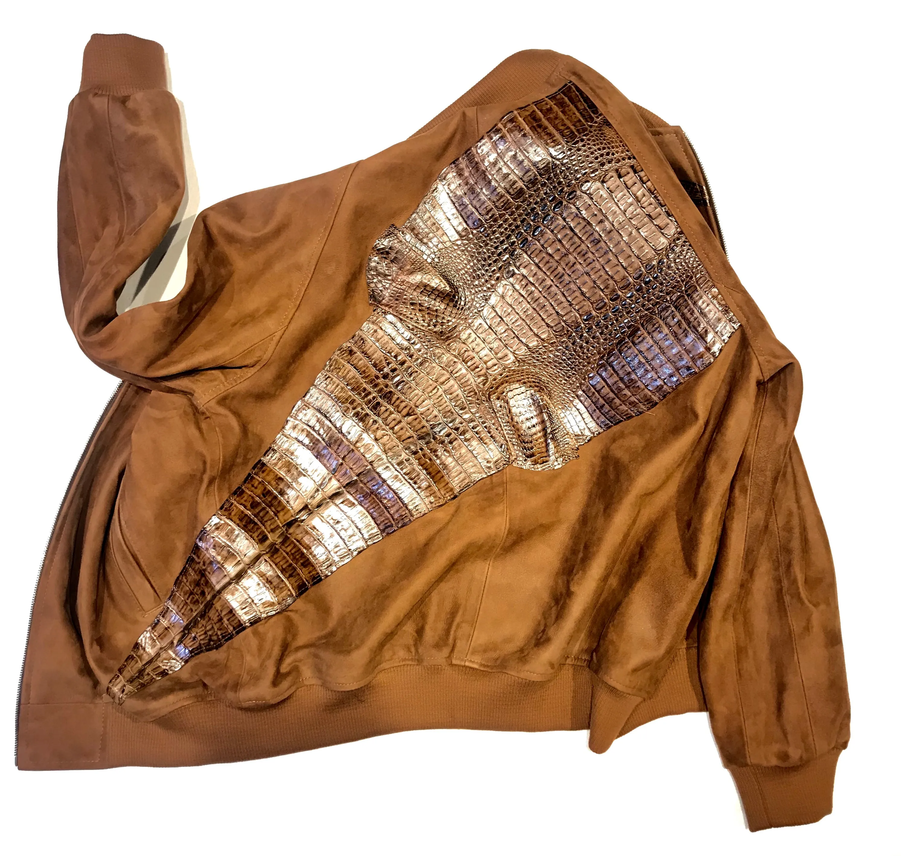 Kashani Chocolate Suede Alligator Body Wrap Bomber Jacket