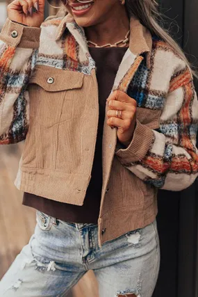 Khaki Plaid Corduroy Boxy Chunky Jacket