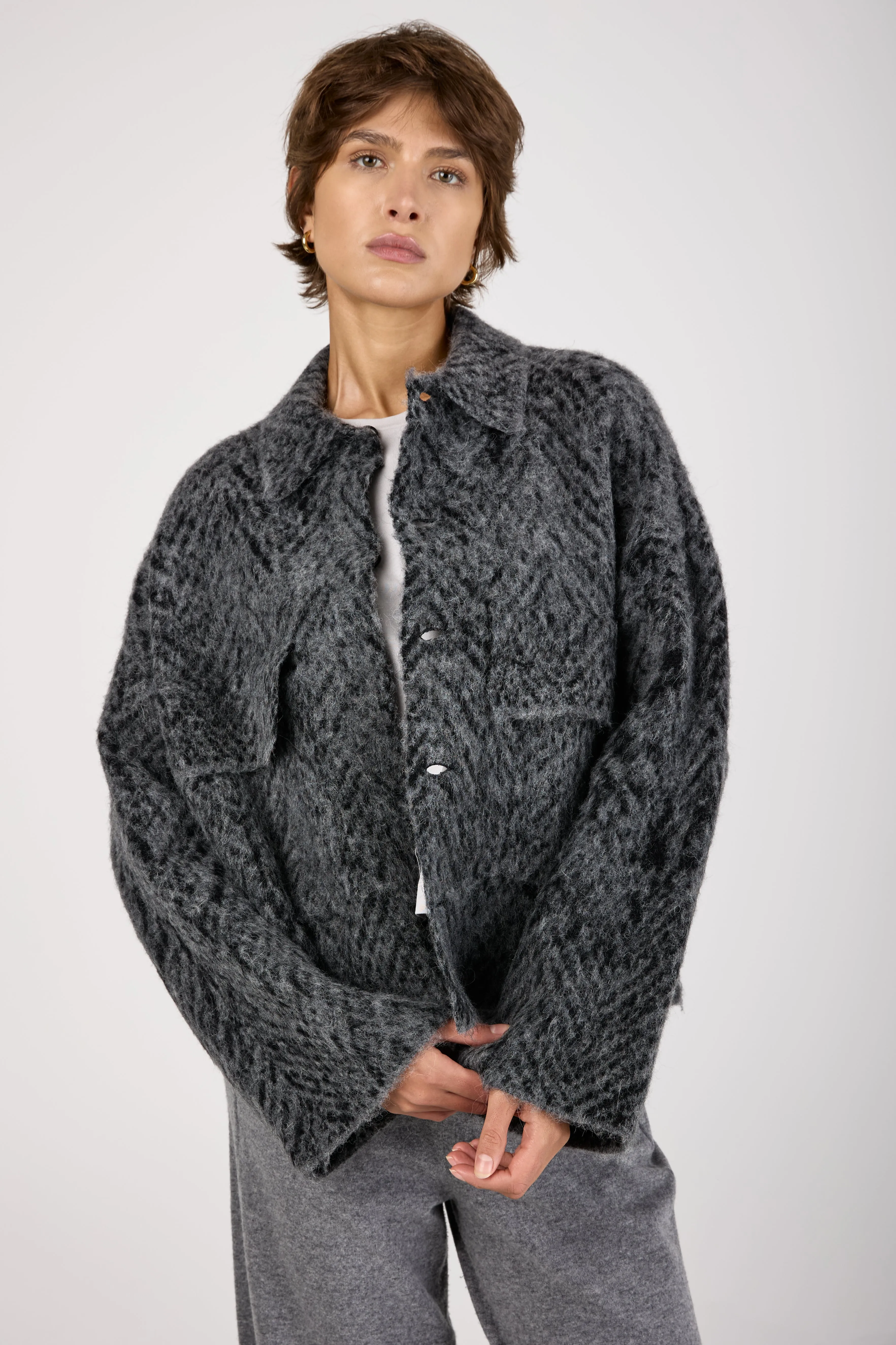 Knit Jacquard Chevron Jacket in Grey Black