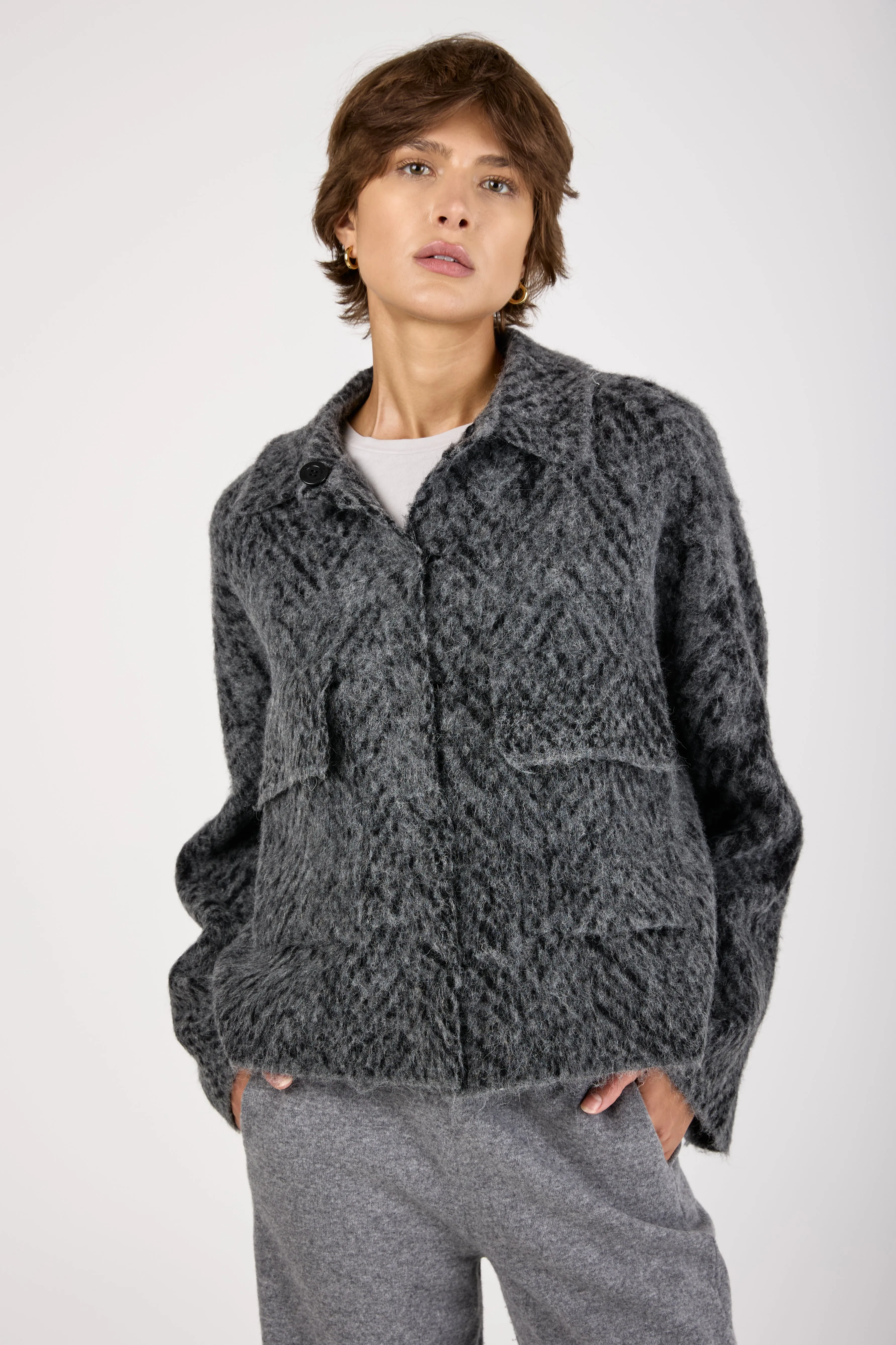 Knit Jacquard Chevron Jacket in Grey Black