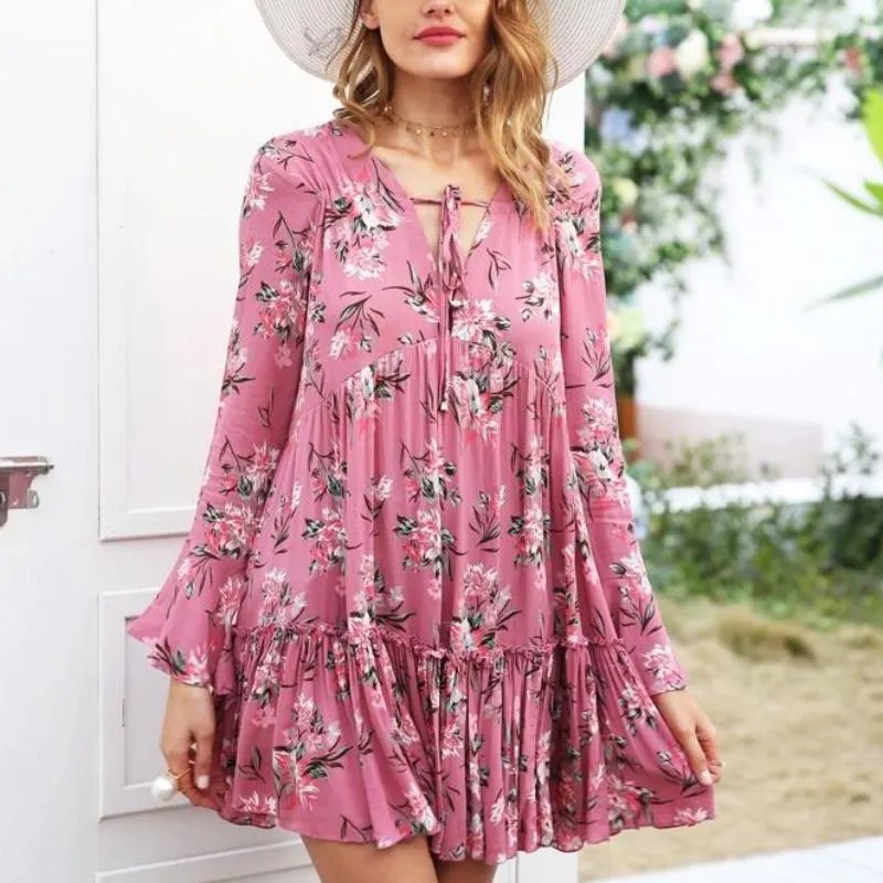 Lace Up Floral Print Long Sleeve Ruffle Dress