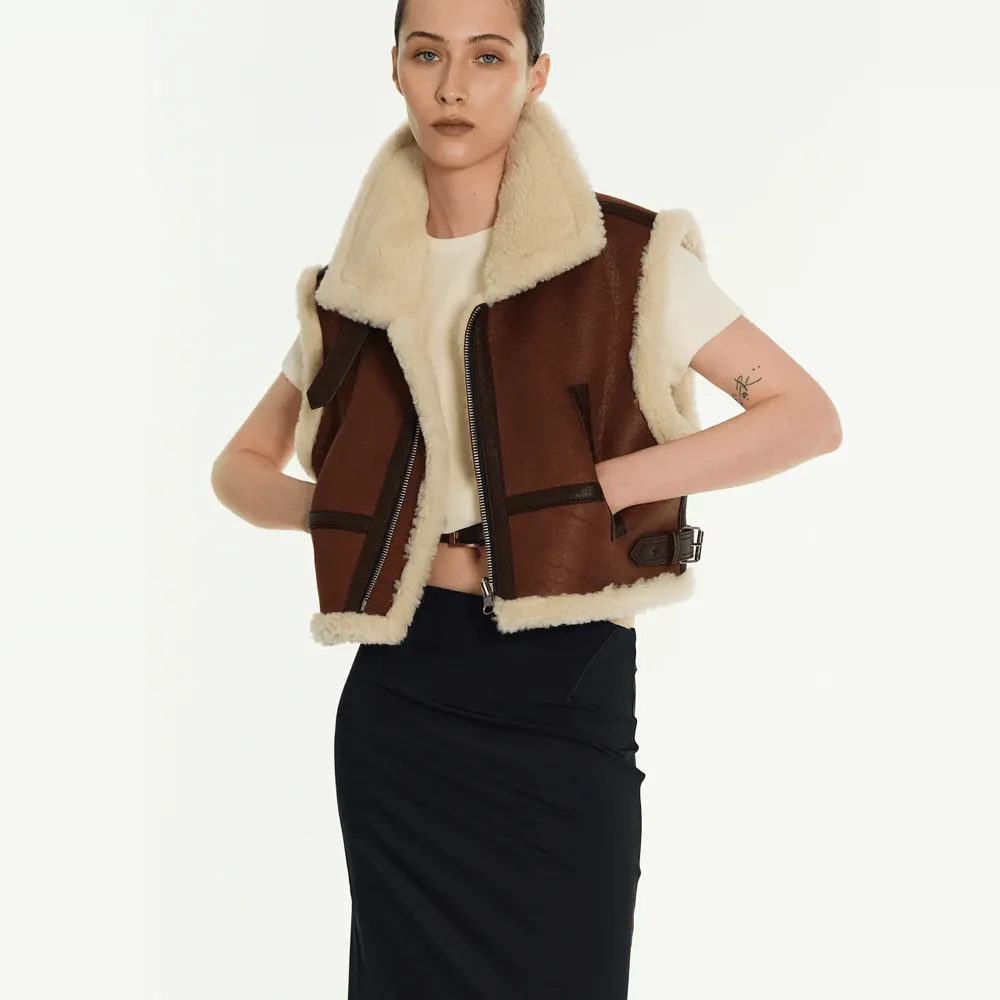 Ladies Sheepskin Shearling Aviator Leather Vest