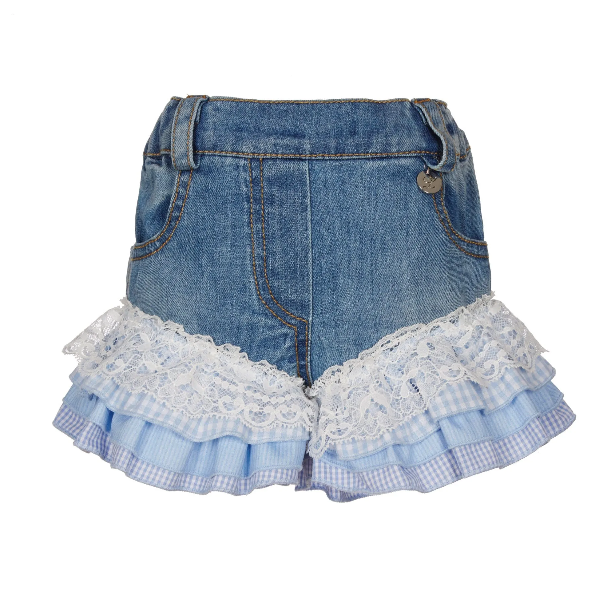 LAPIN HOUSE RUFFLE DENIM JACKET AND SHORTS WITH PEACH TOP