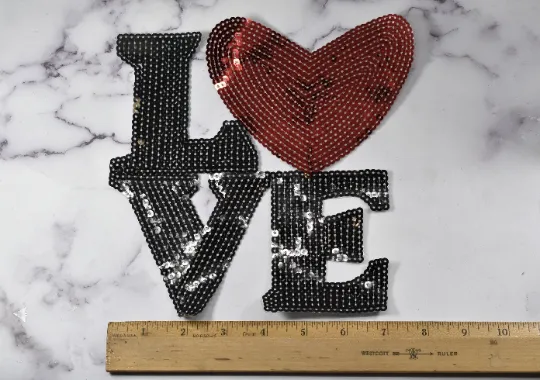 LOVE Letter and Heart Sequined Applique Patch | LOVE Letter Sequin Patch | Red Heart Sequined Applique Patch  | Decorative Appliques Patches