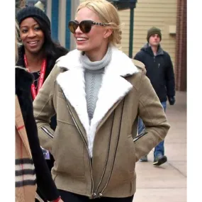 Margot Robbie Grey Aviator Fur Jacket