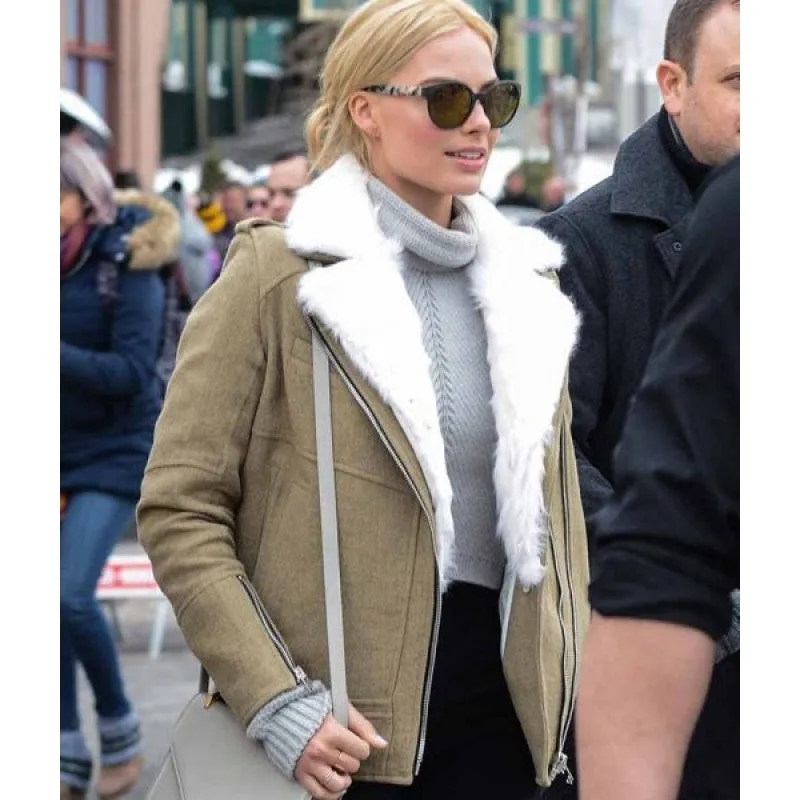 Margot Robbie Grey Aviator Fur Jacket