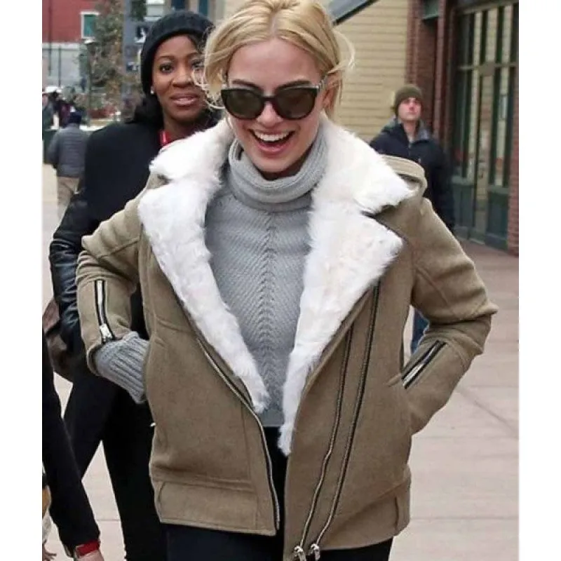 Margot Robbie Grey Aviator Fur Jacket