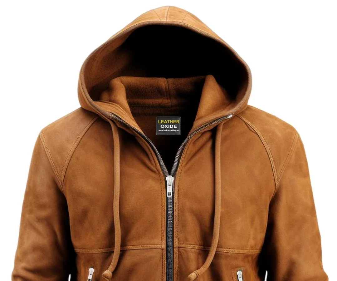 Men Camel Brown Stylish Suede Hooded Leather Jacket