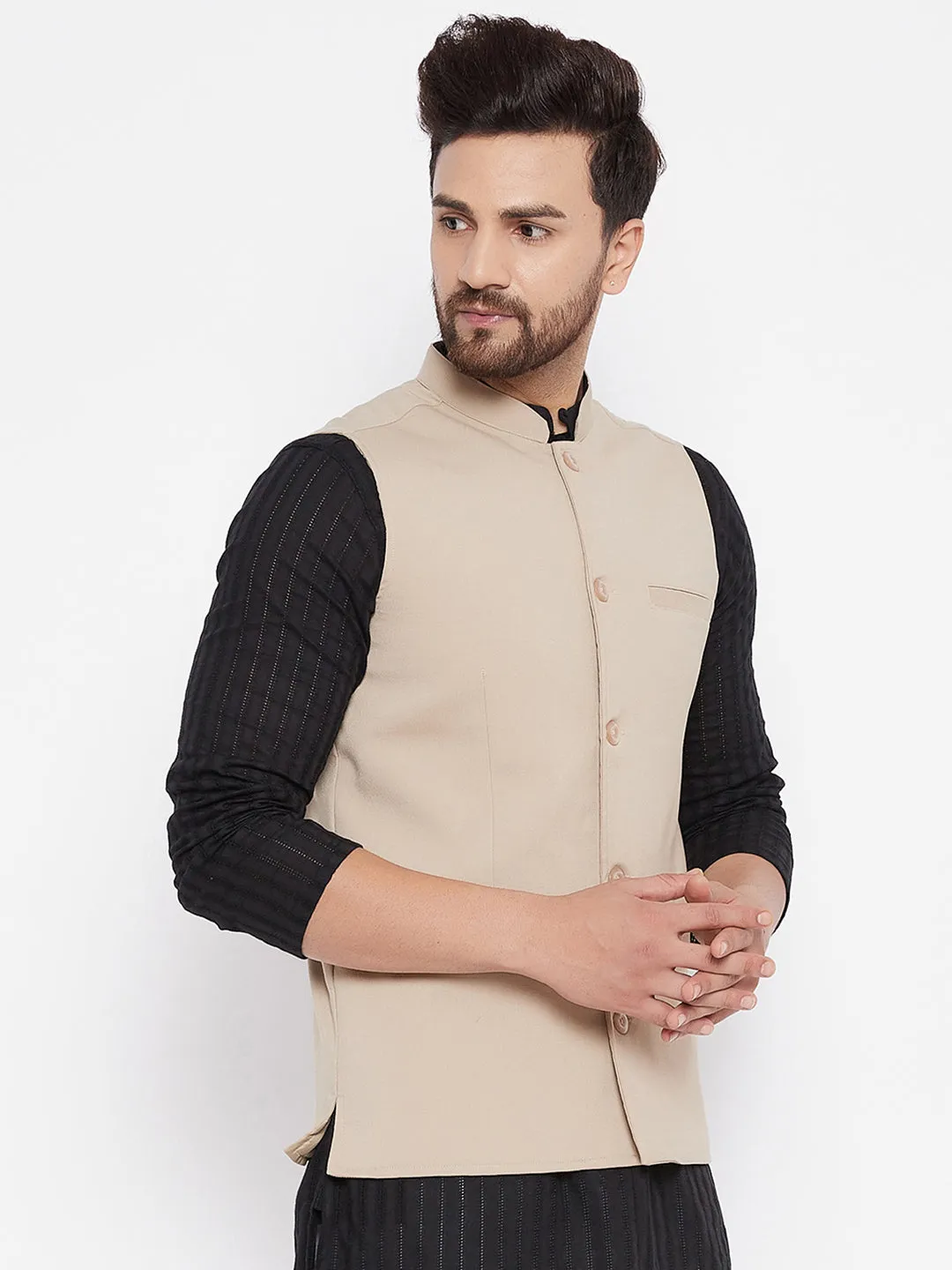 Men's Beige Woven Design Jacket - Even Apparels