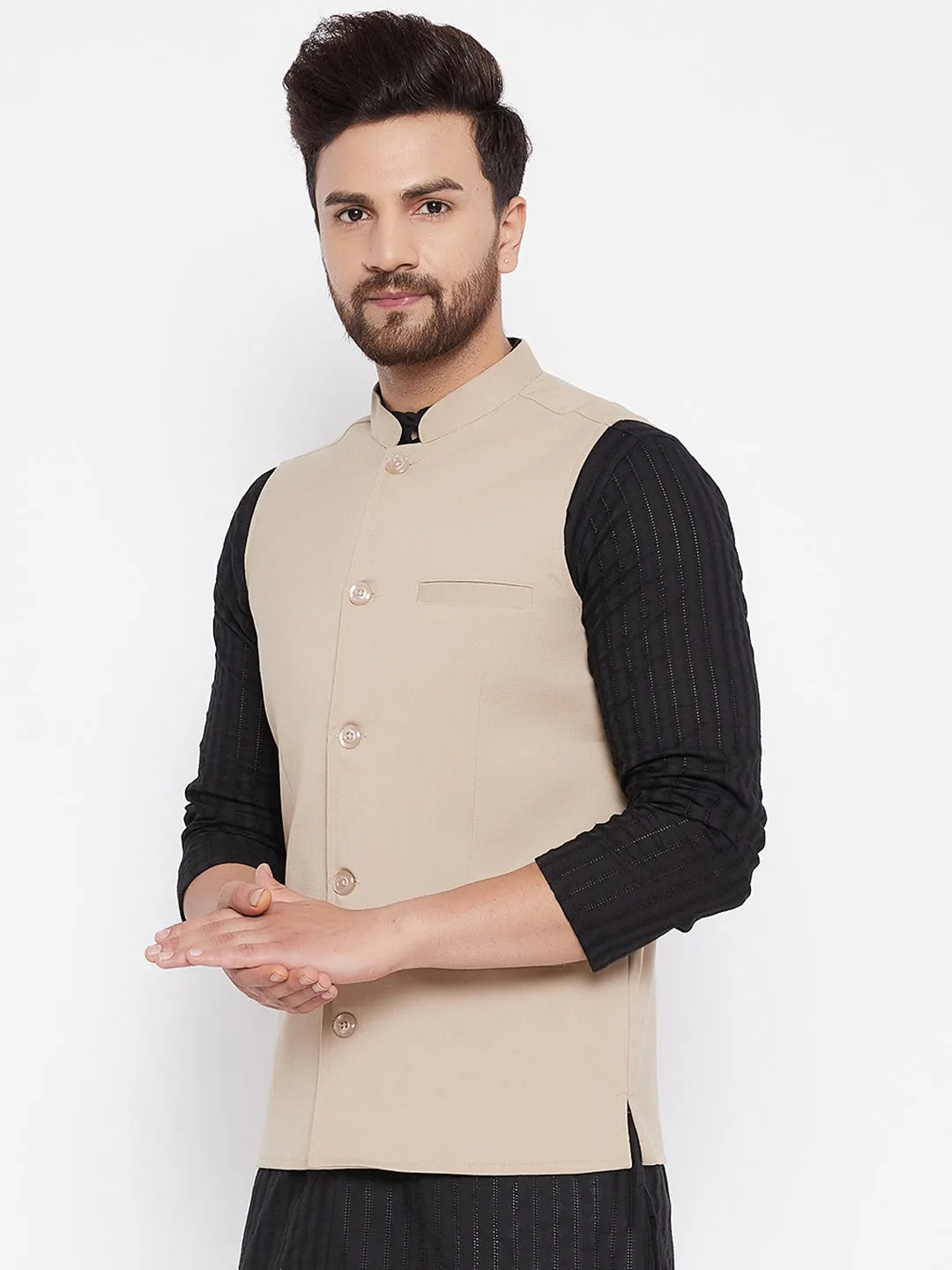 Men's Beige Woven Design Jacket - Even Apparels