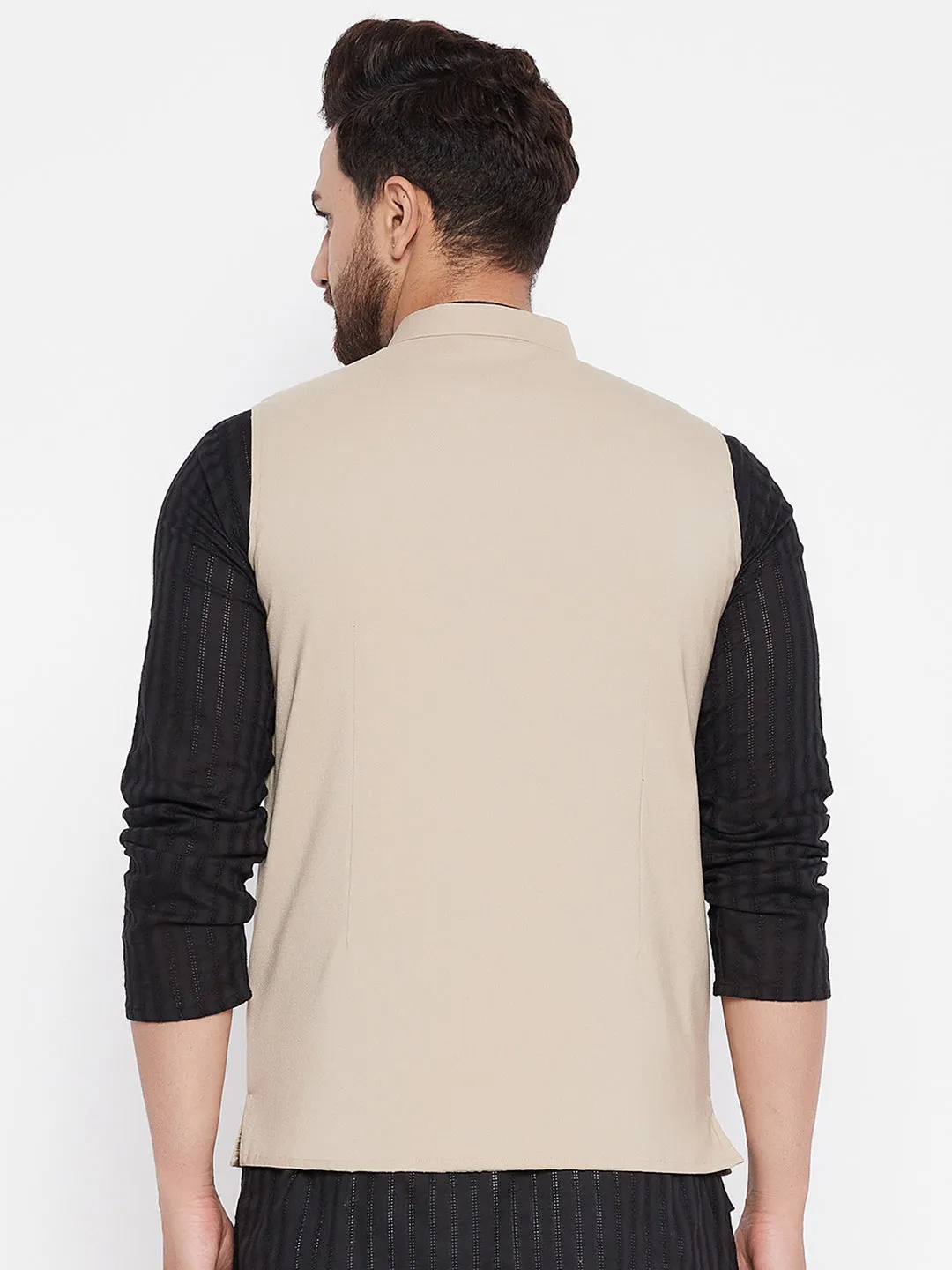 Men's Beige Woven Design Jacket - Even Apparels