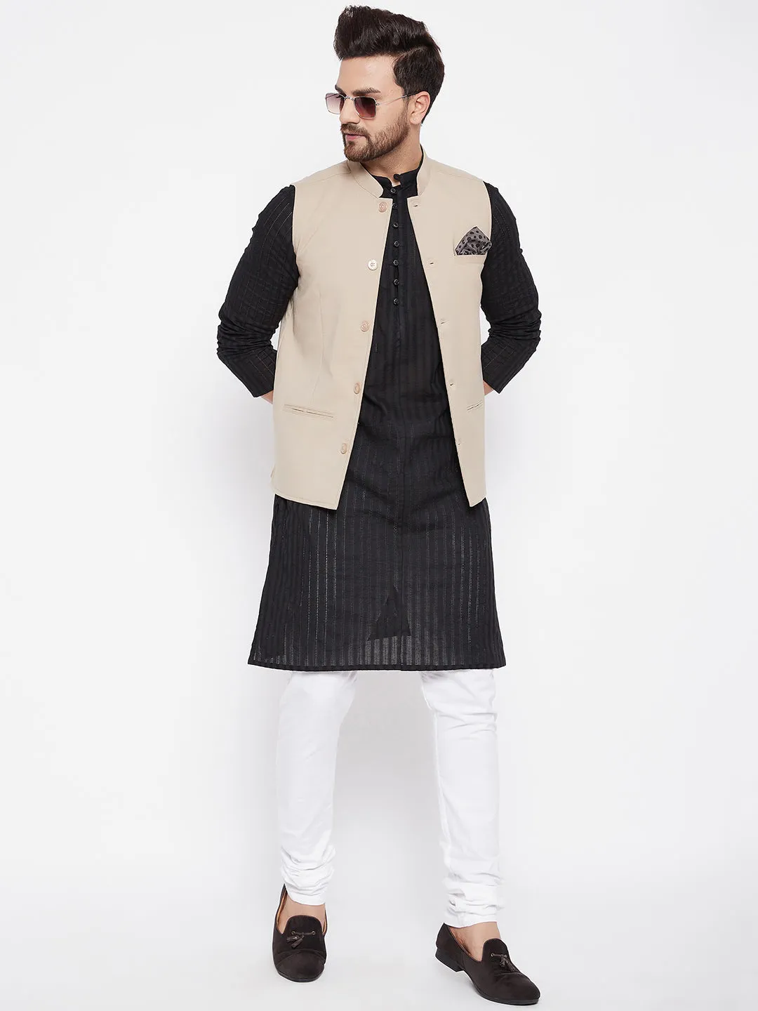 Men's Beige Woven Design Jacket - Even Apparels