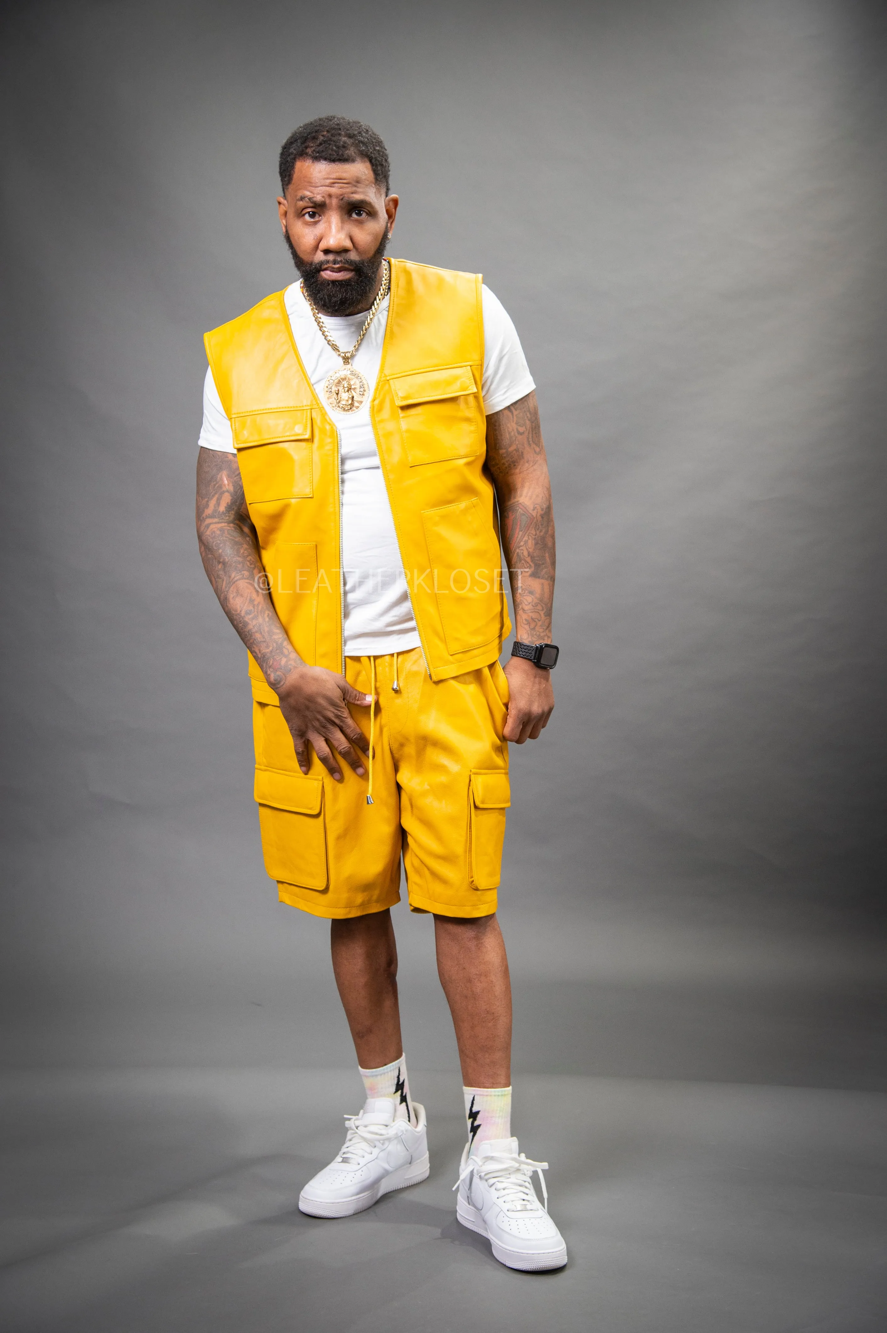 Men's Bless Set Leather Vest & Leather Cargo Shorts [Yellow]