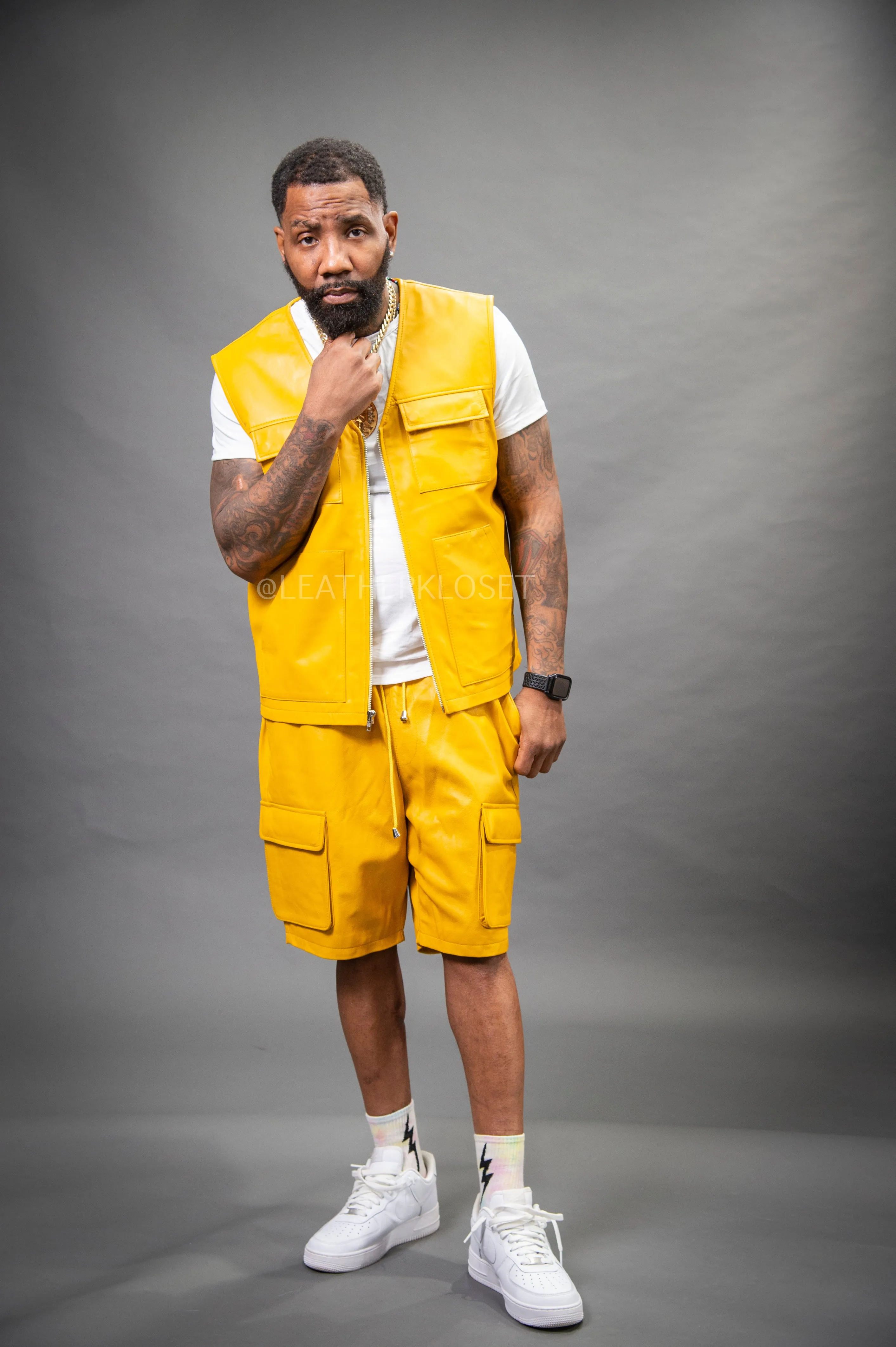 Men's Bless Set Leather Vest & Leather Cargo Shorts [Yellow]