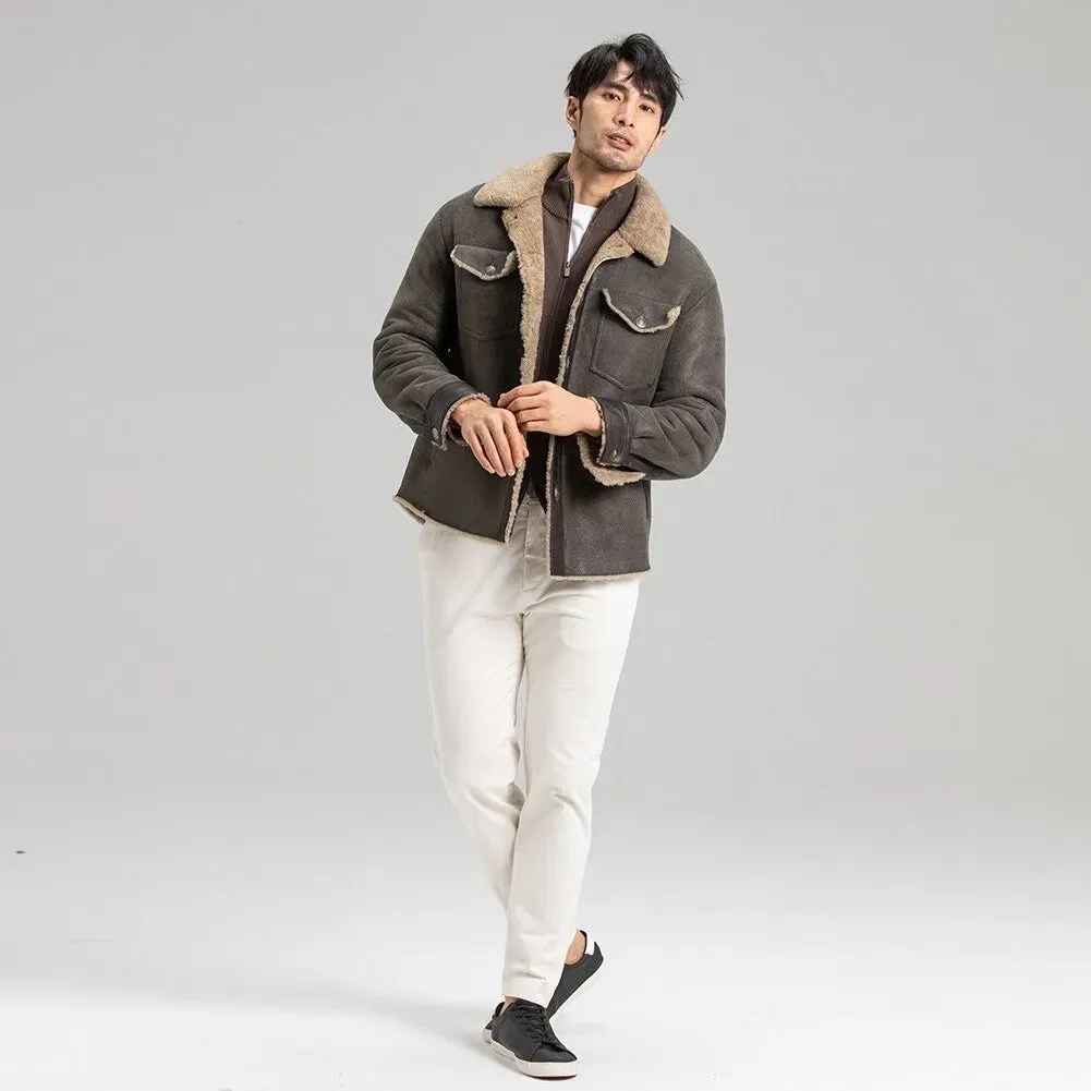 Men's Grey Shearling Jacket - Trucker Style