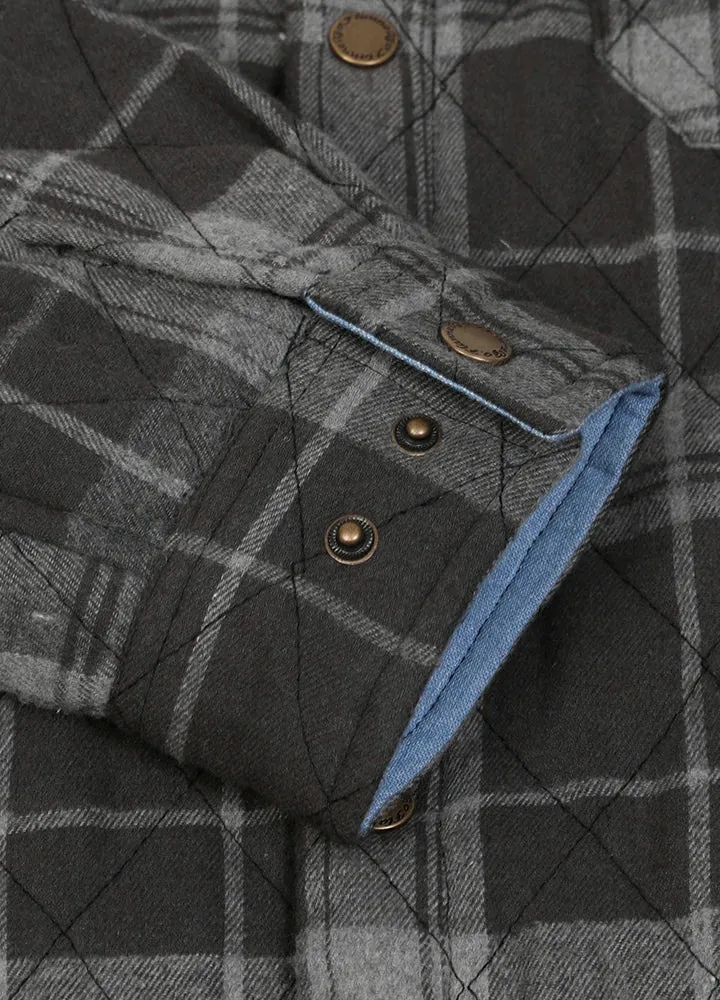 Men's Quilt Lined Plaid Jacket,Snap Button Shacket