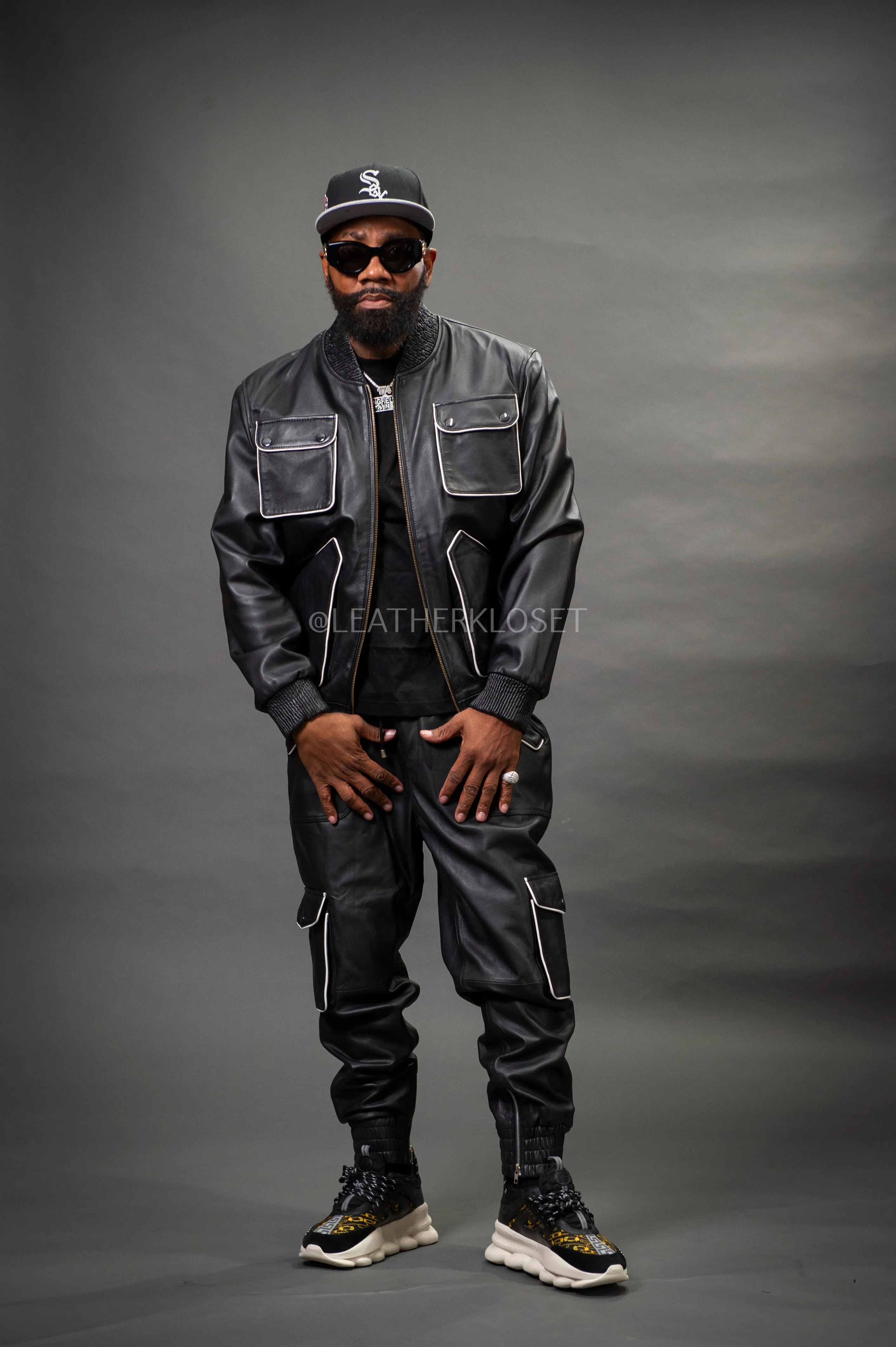 Men's Tron Leather Track Suit Sweatsuit [Black/White]