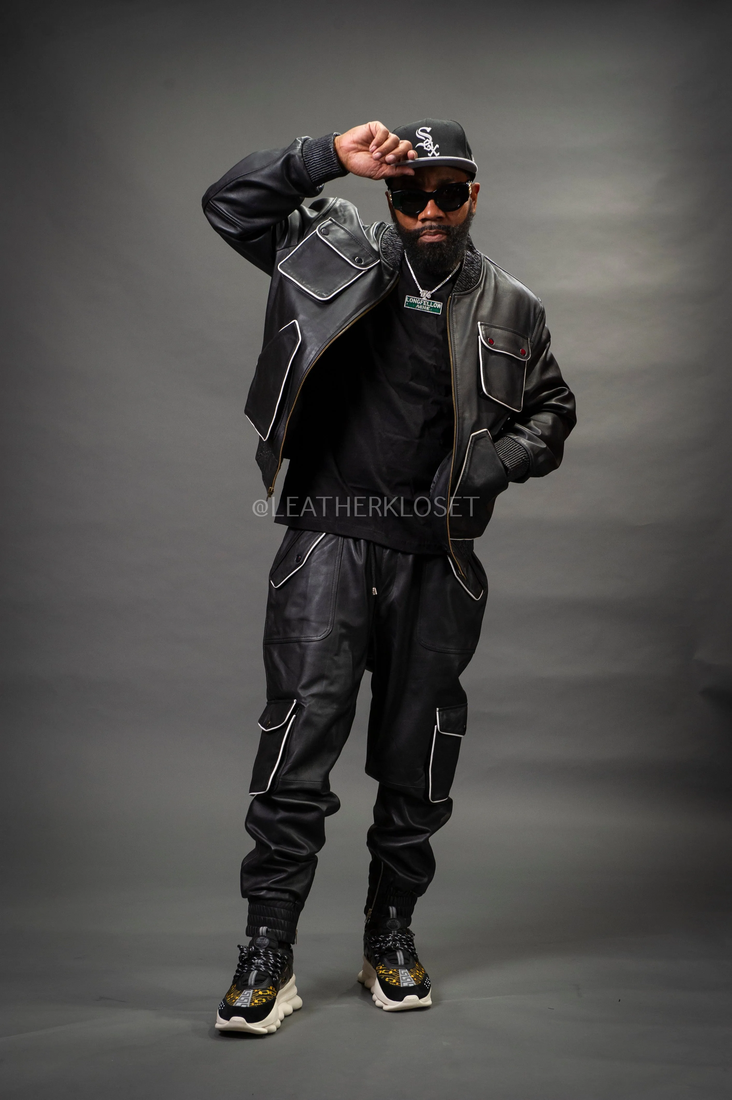 Men's Tron Leather Track Suit Sweatsuit [Black/White]