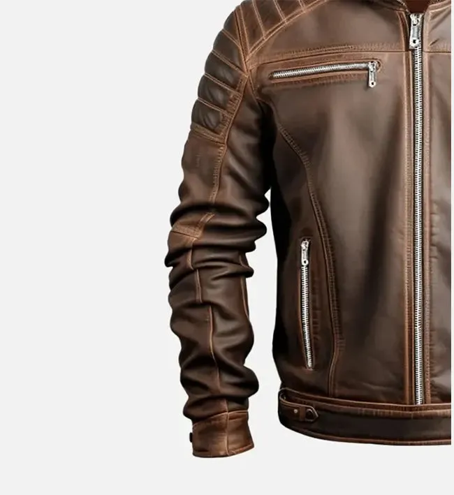 Men's Voguish Brown Detachable Hooded Leather Jacket