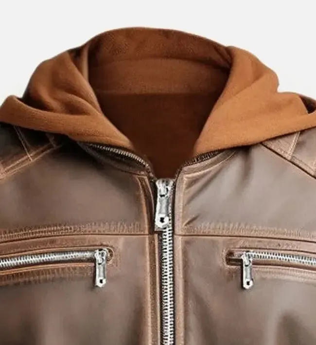 Men's Voguish Brown Detachable Hooded Leather Jacket