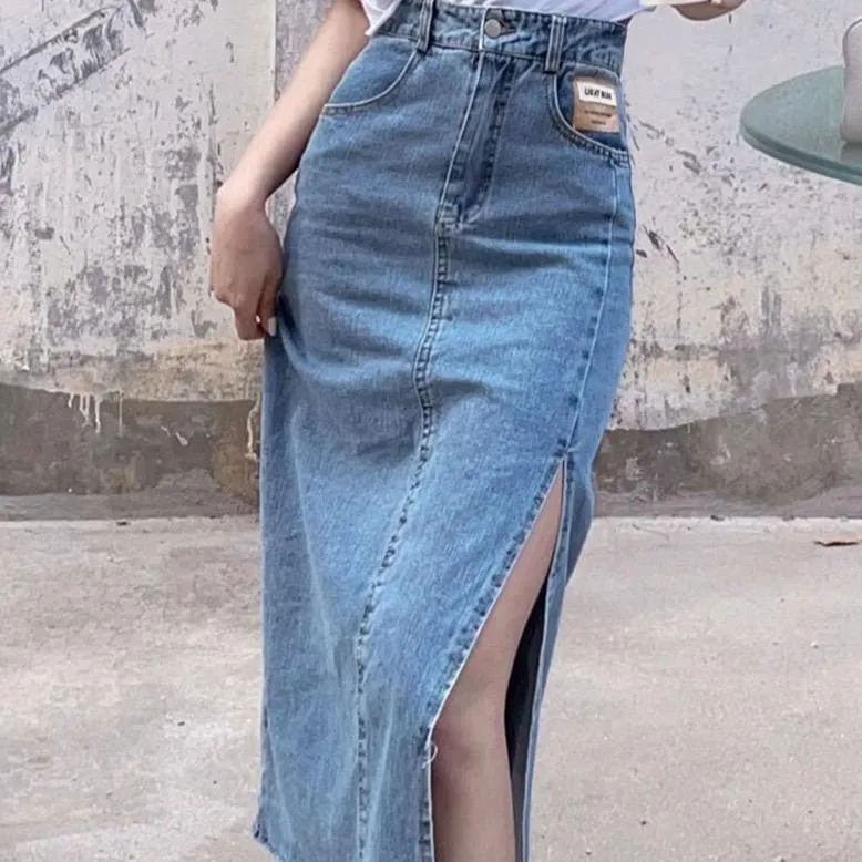 Midi Denim Skirt With Side Slit