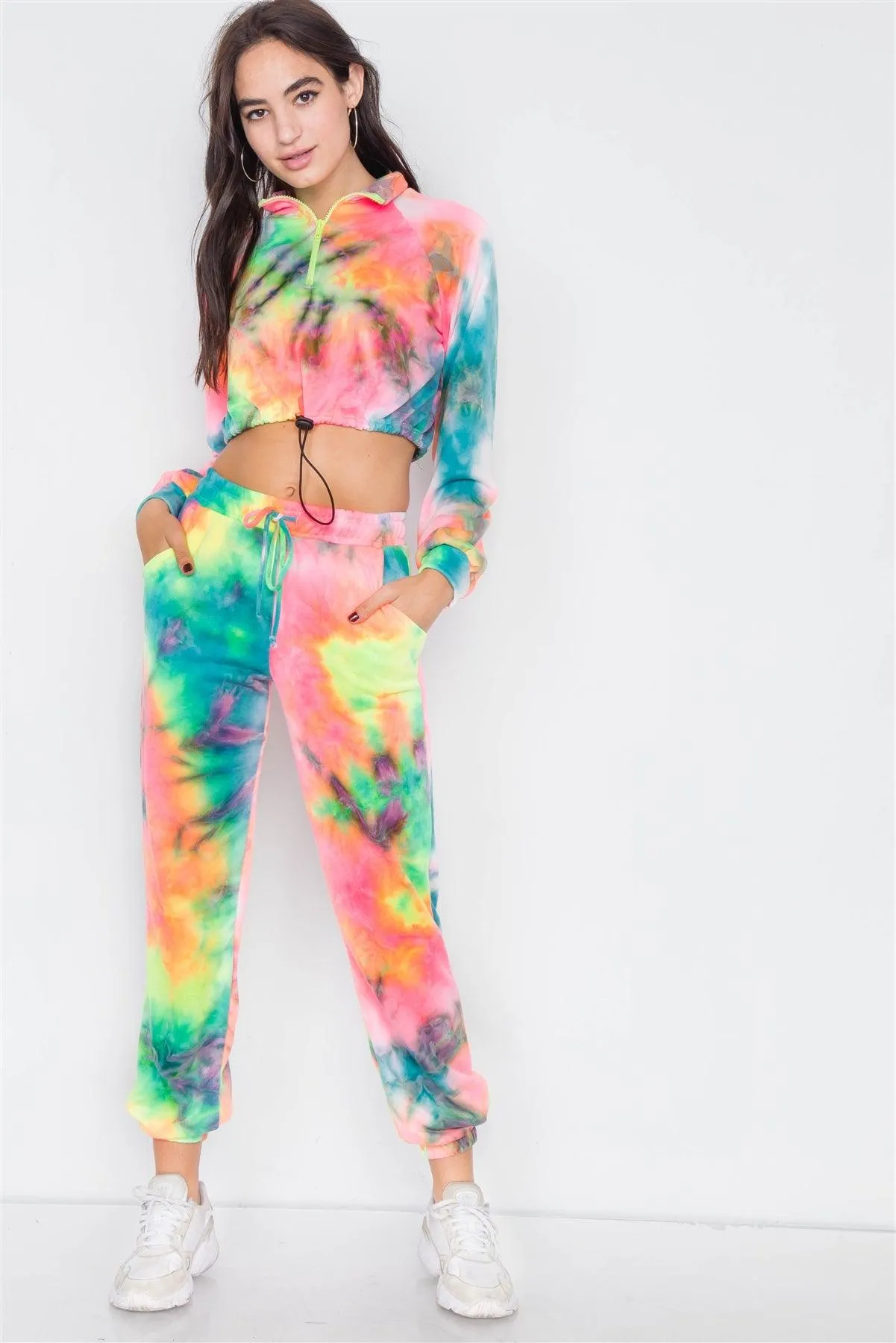 Neon Multi Crop Zip Sweater & Sweat Pant Two Piece Set  /4-2-1