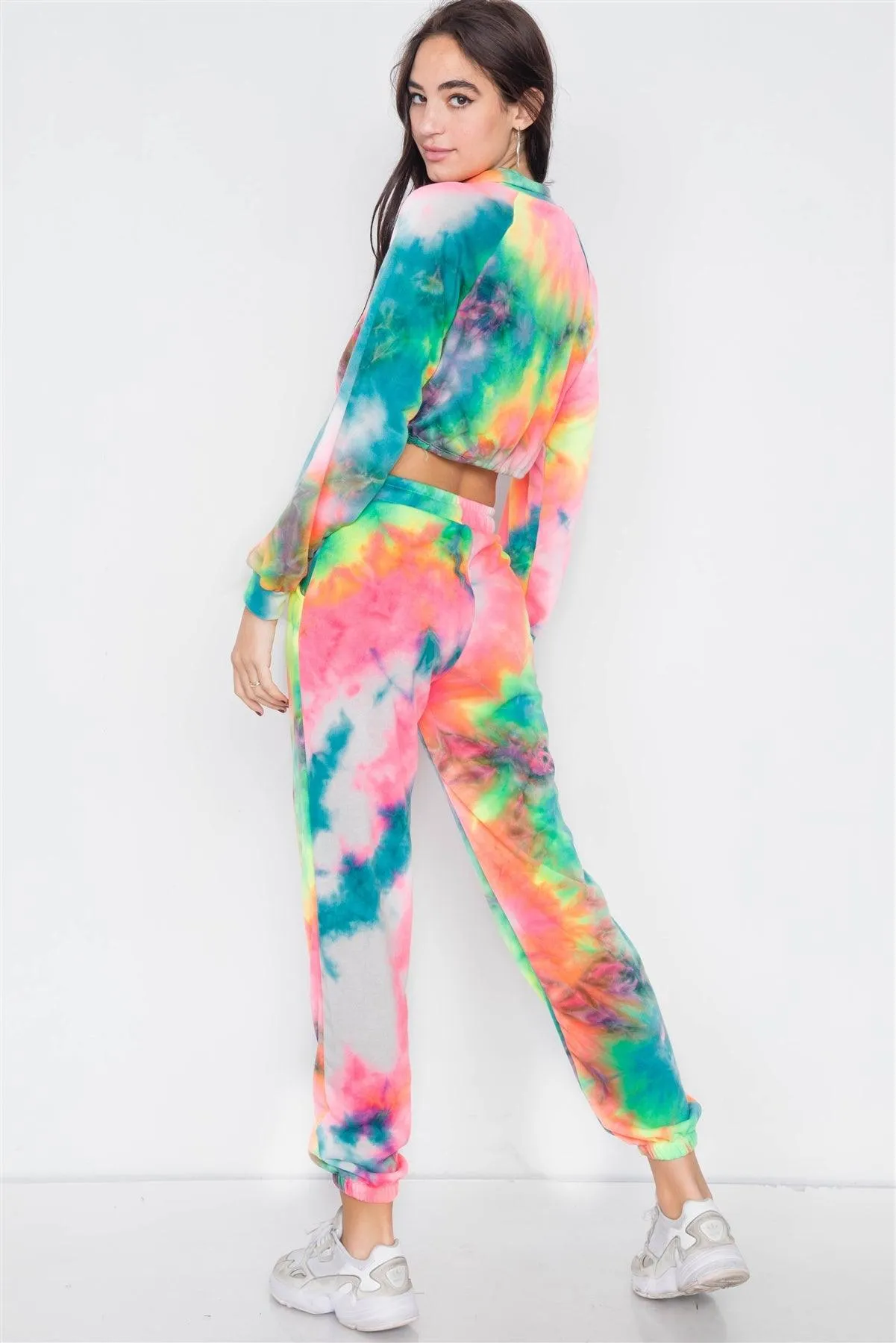 Neon Multi Crop Zip Sweater & Sweat Pant Two Piece Set  /4-2-1