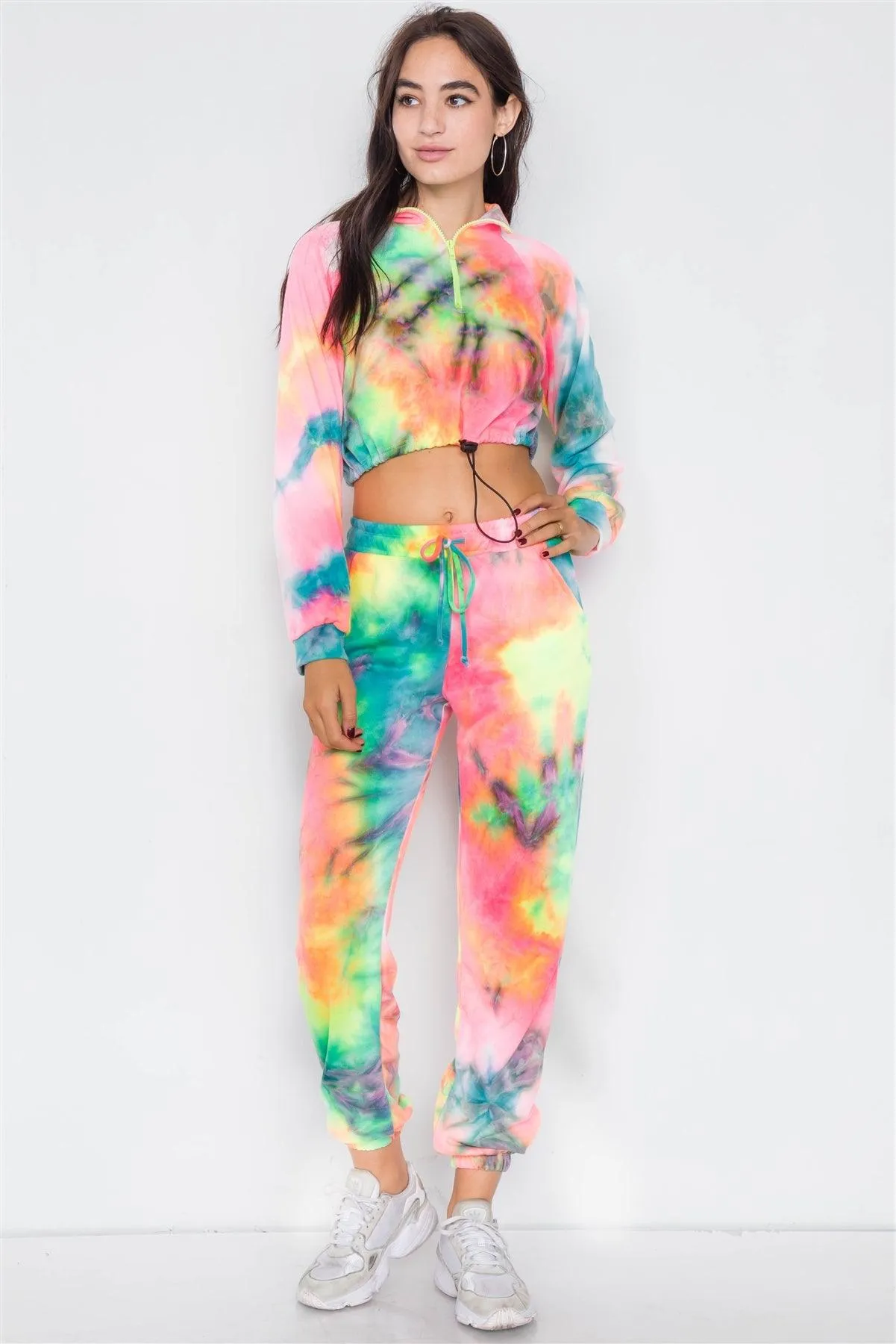 Neon Multi Crop Zip Sweater & Sweat Pant Two Piece Set  /4-2-1