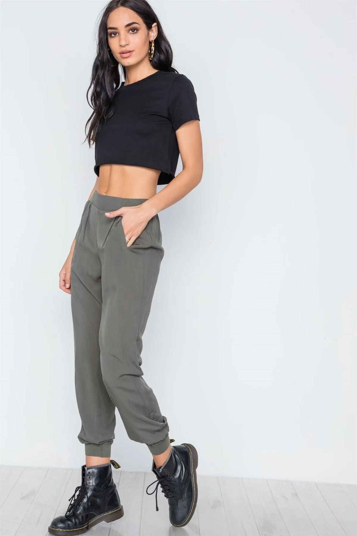 Olive High Waist Casual Side Pockets Pants /3-2-1