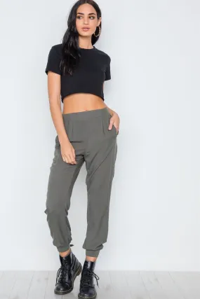 Olive High Waist Casual Side Pockets Pants /3-2-1