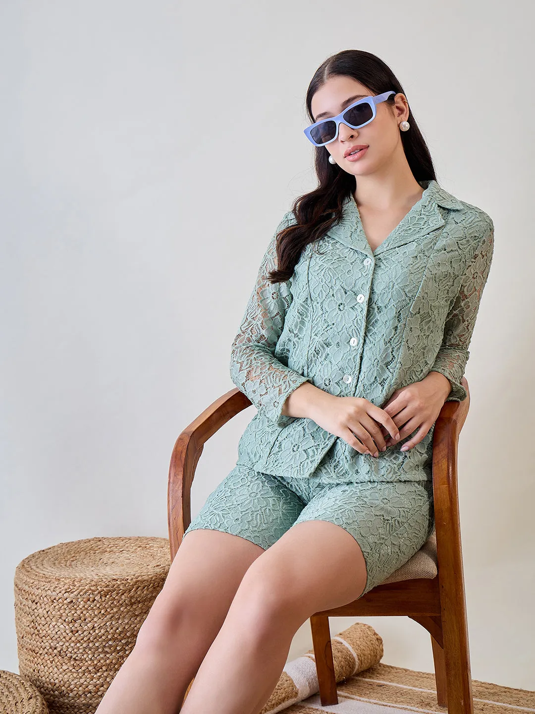 Pastel Green Delicate Floral Lace Jacket and Shorts Cord Set